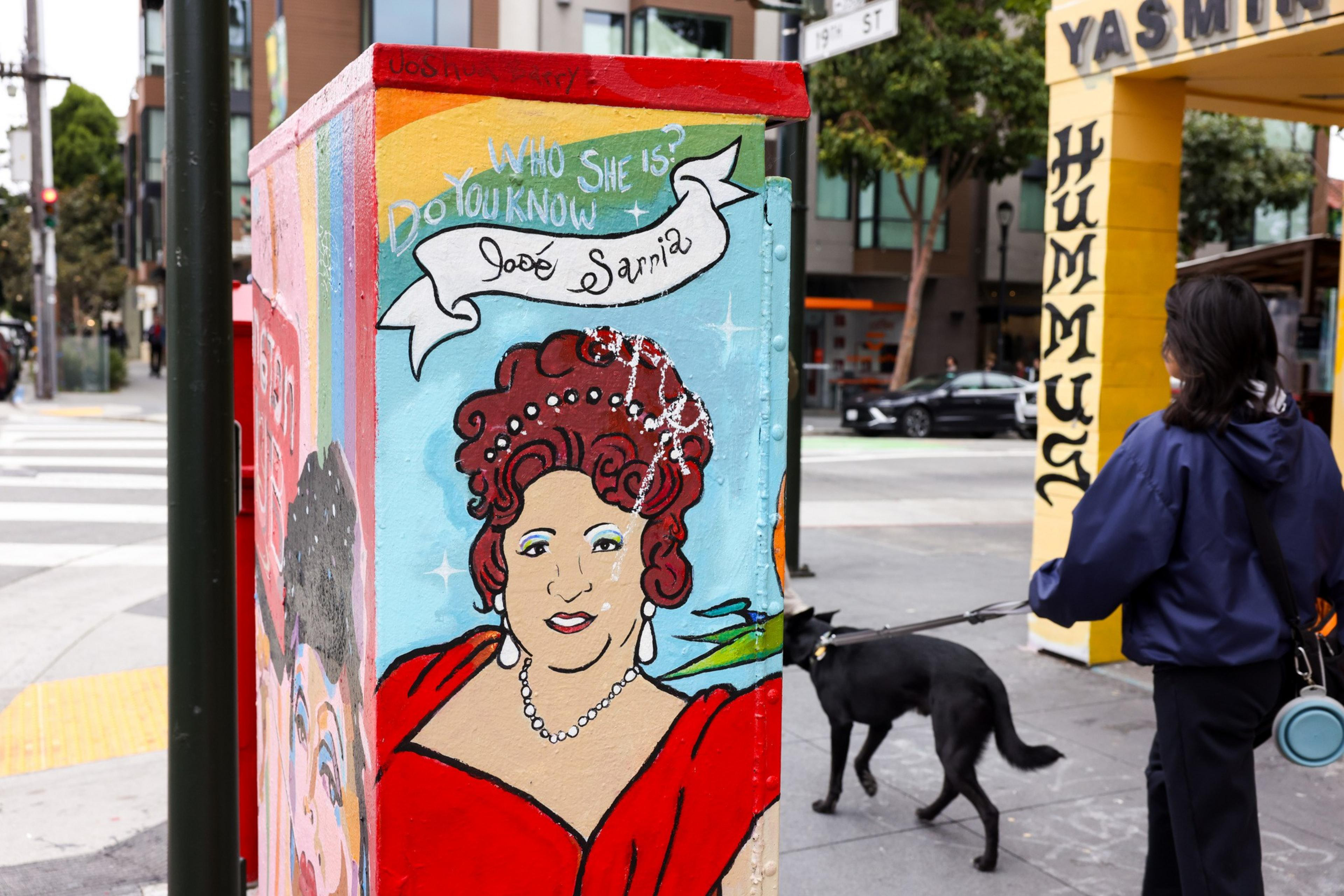 A painted utility box features a woman in a red dress with the words &quot;Who She Is? Do You Know&quot; above, and a person walking a black dog nearby.