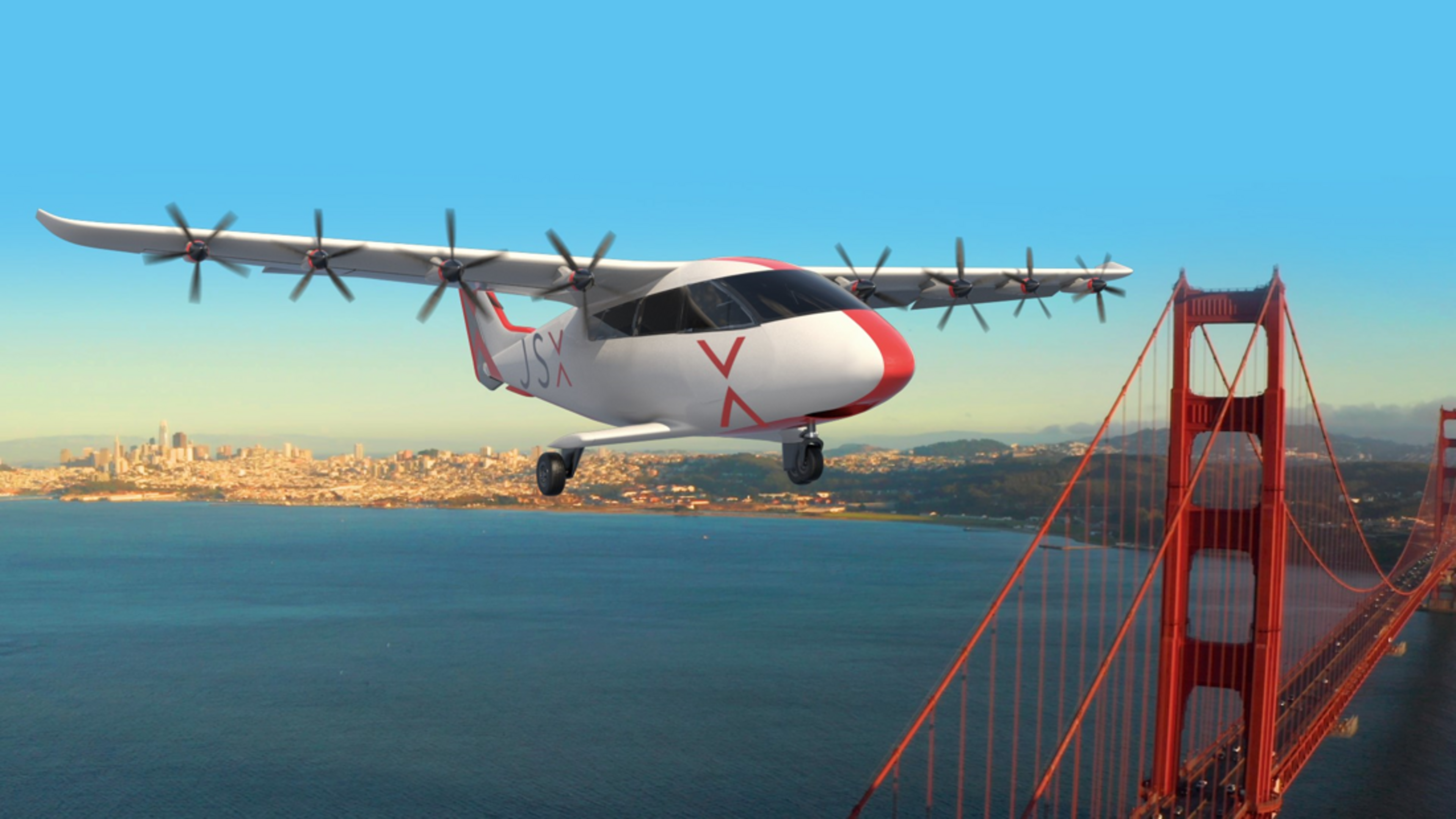 a 3d artistic rendering shows a small plane flying over the Golden Gate Bridge.