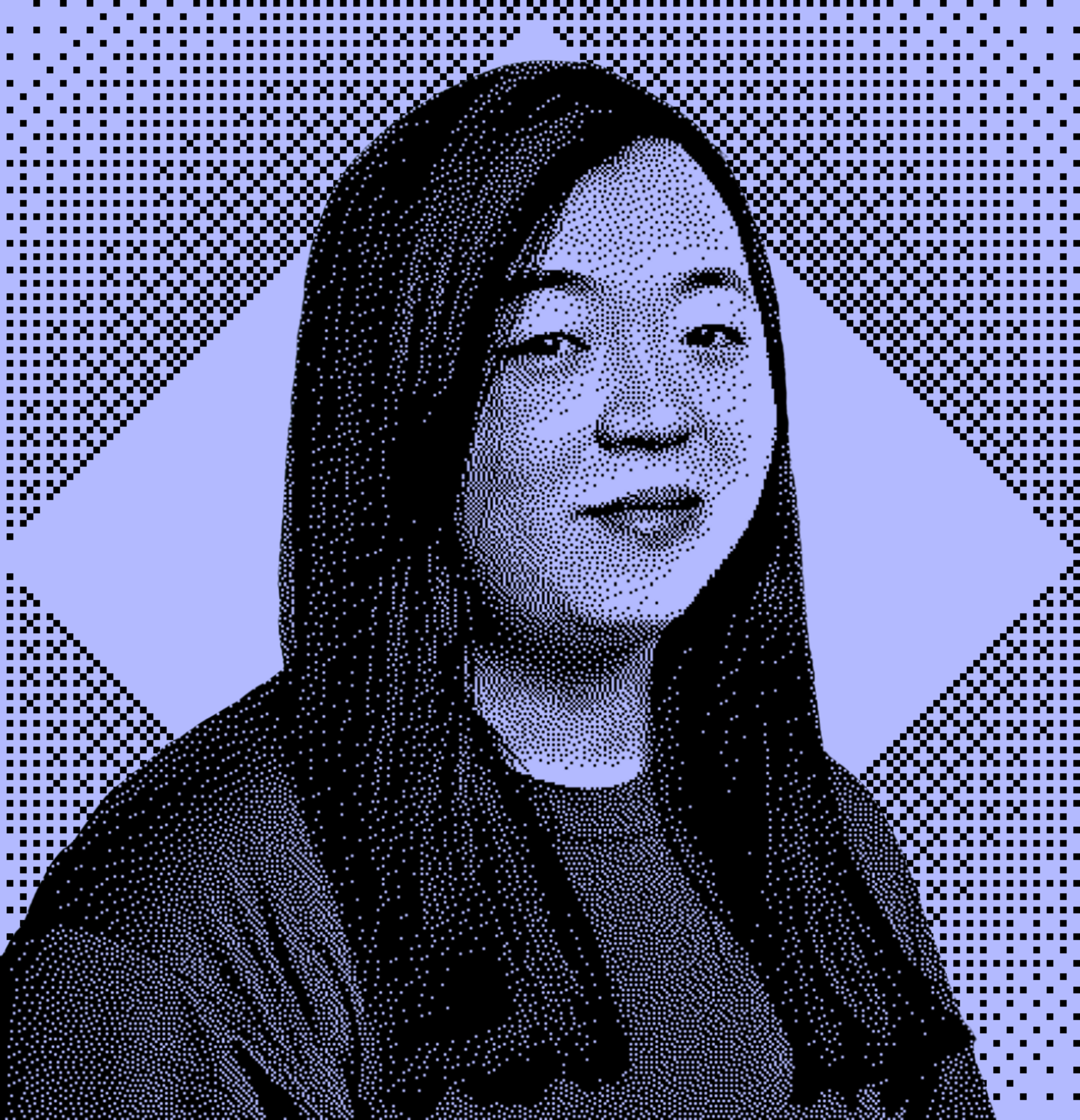 The image is a stylized, halftone portrait of a person with long hair, over a diamond-shaped pattern background in shades of blue and black.