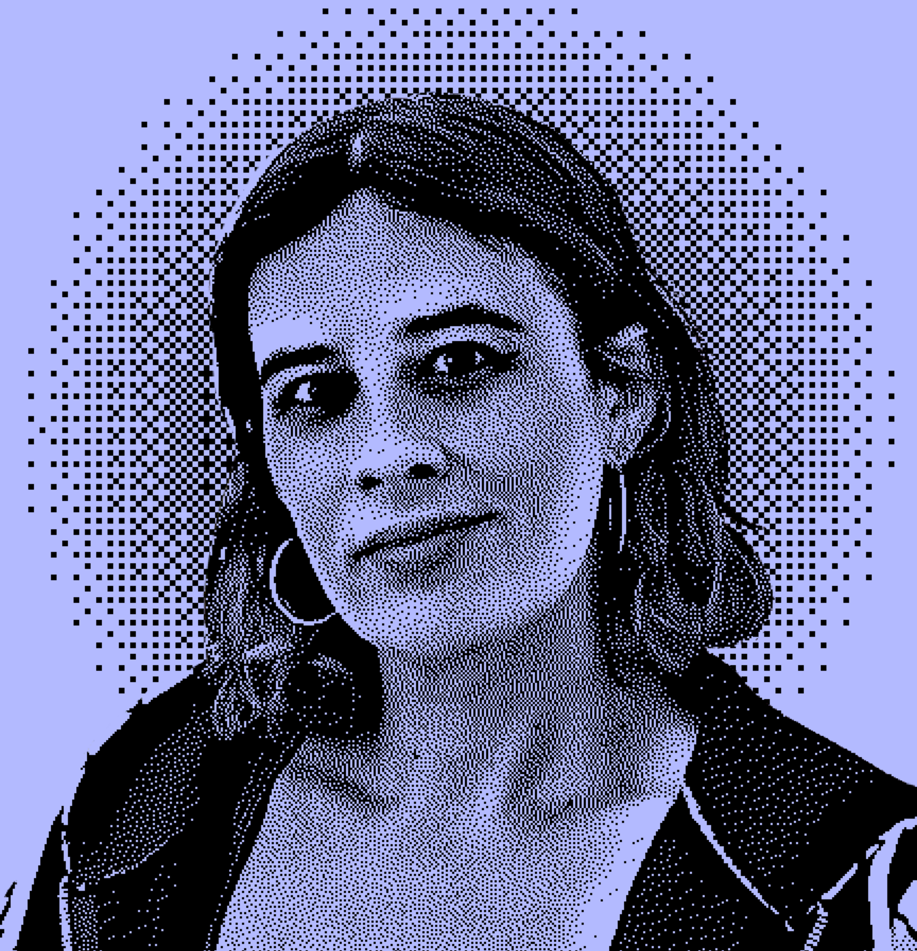 The image is a stylized portrait of a person with shoulder-length hair and hoop earrings, rendered in a pixelated black and blue halftone pattern.