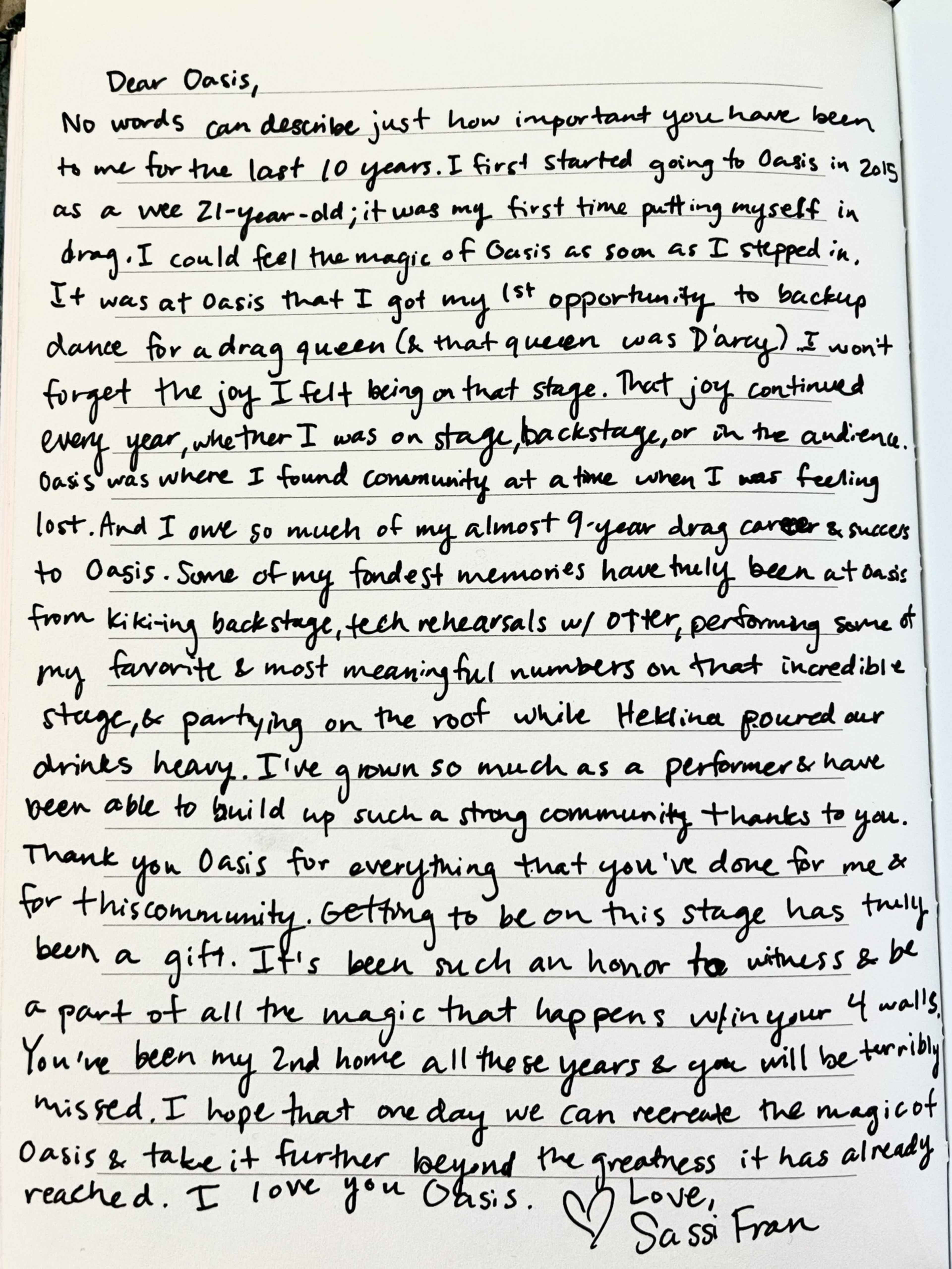 A heartfelt handwritten letter from Sassi Fran to Oasis, expressing deep gratitude for 10 years of support, community, and transformative experiences with drag performance.