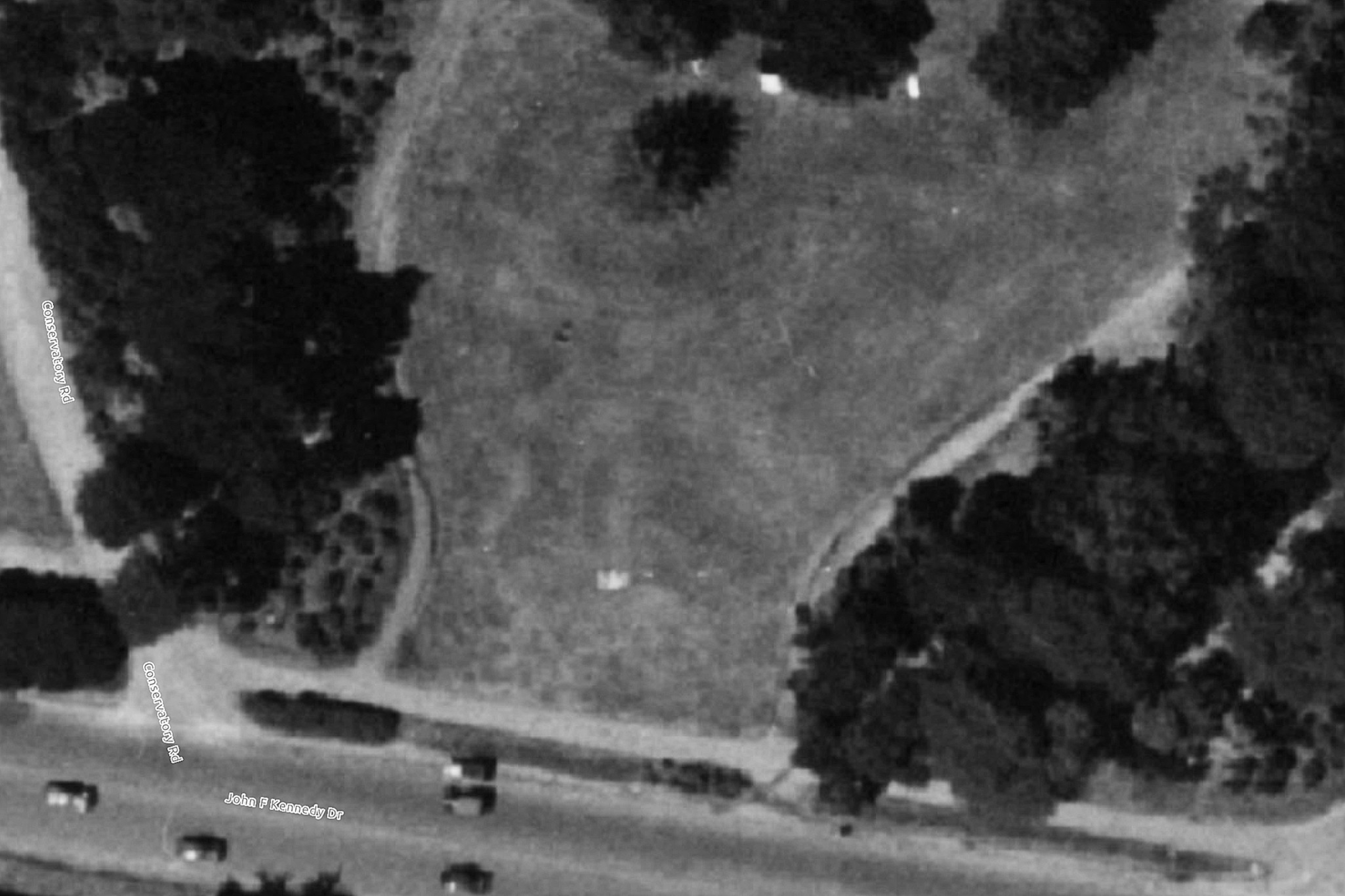 An aerial view of Golden Gate Park along John F. Kennedy Drive at Conservatory Drive in 1938.