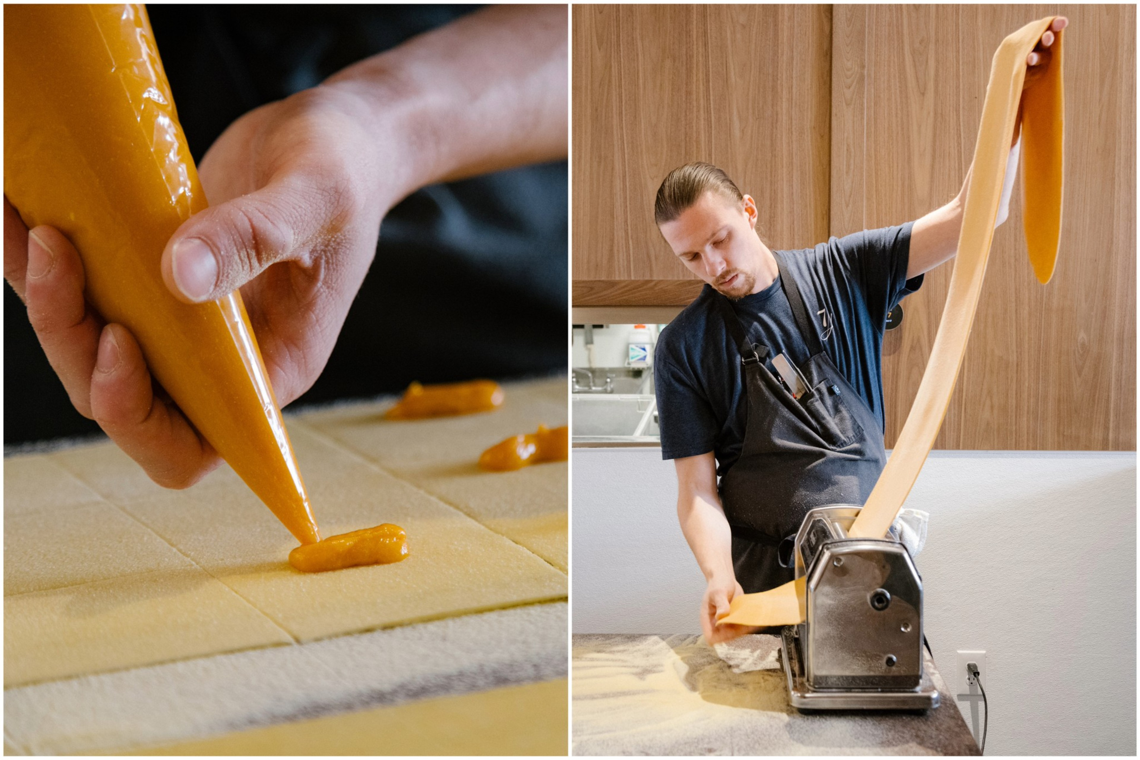 A composite image of a kabocha squash filling, left, and making past, right at 7 Adams restaurant in San Francisco on Friday, Dec. 8, 2023. 7 Adams is a Michelin-starred restaurant located in the Fillmore District. The restaurant is owned and operated by husband-and-wife team David Fisher and Serena Chow Fisher. The couple first met while working together in fine-dining restaurants in New York before relocating to California to pursue their dream of opening their own restaurant.