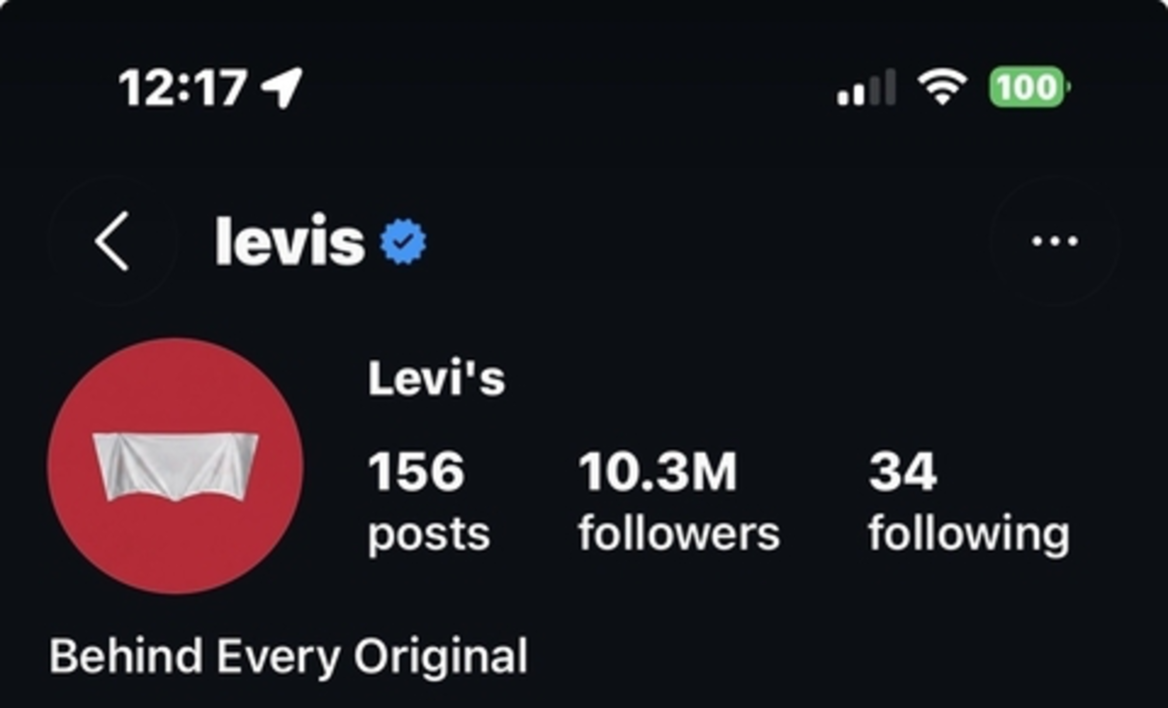 Levi’s Instagram profile has 156 posts, 10.3 million followers, follows 34 accounts, and displays the tagline “Behind Every Original.”