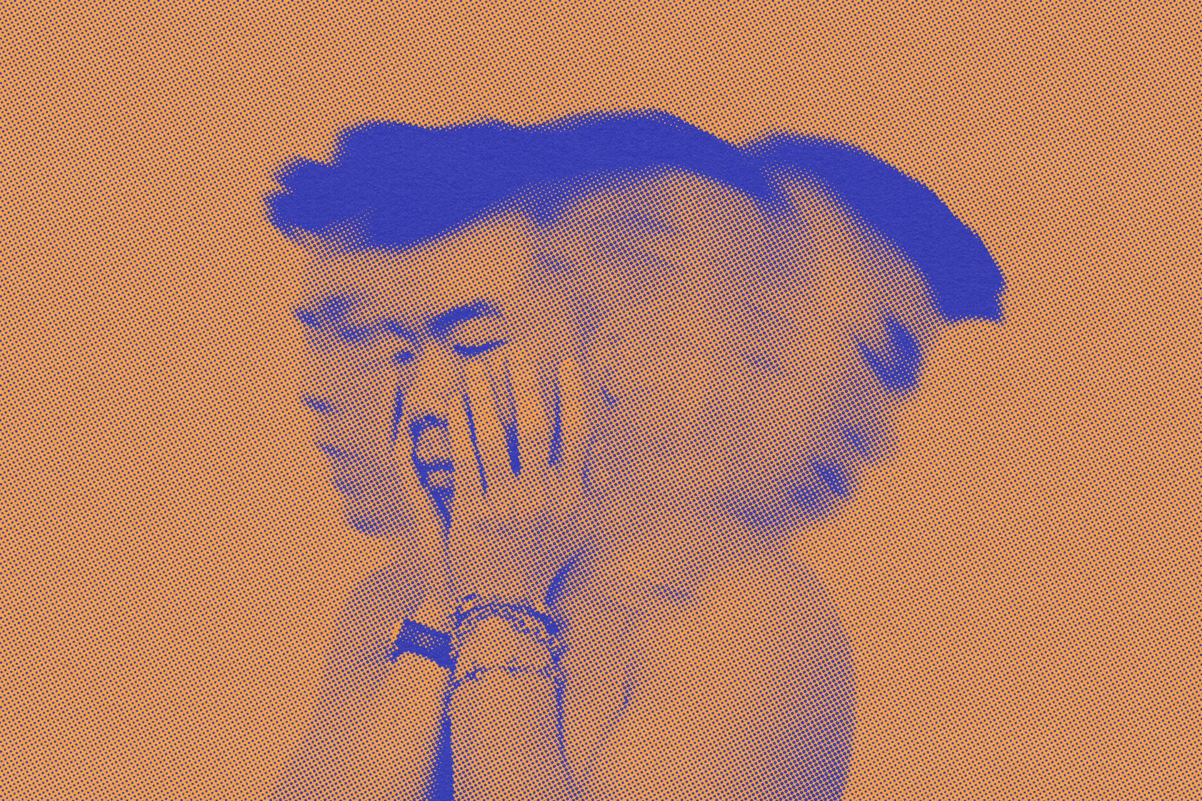 The image shows a person with blurred motion, hands covering their face, and hair flying. The color scheme is orange and blue, giving it a pop art feel.