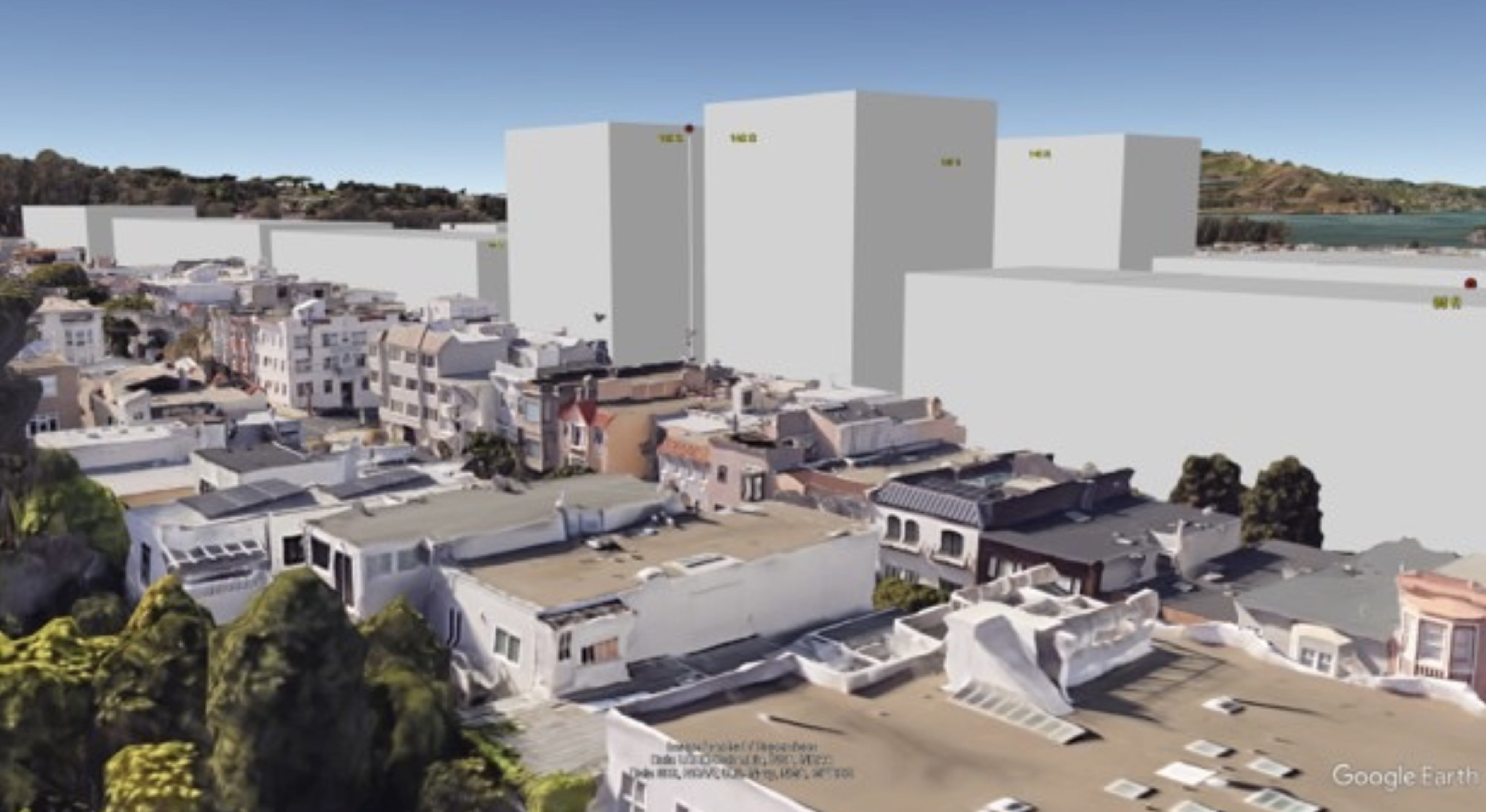 The image shows a 3D rendering of a neighborhood with low-rise buildings in the foreground and several large, grey, rectangular structures in the background labeled with numbers. Trees are visible.