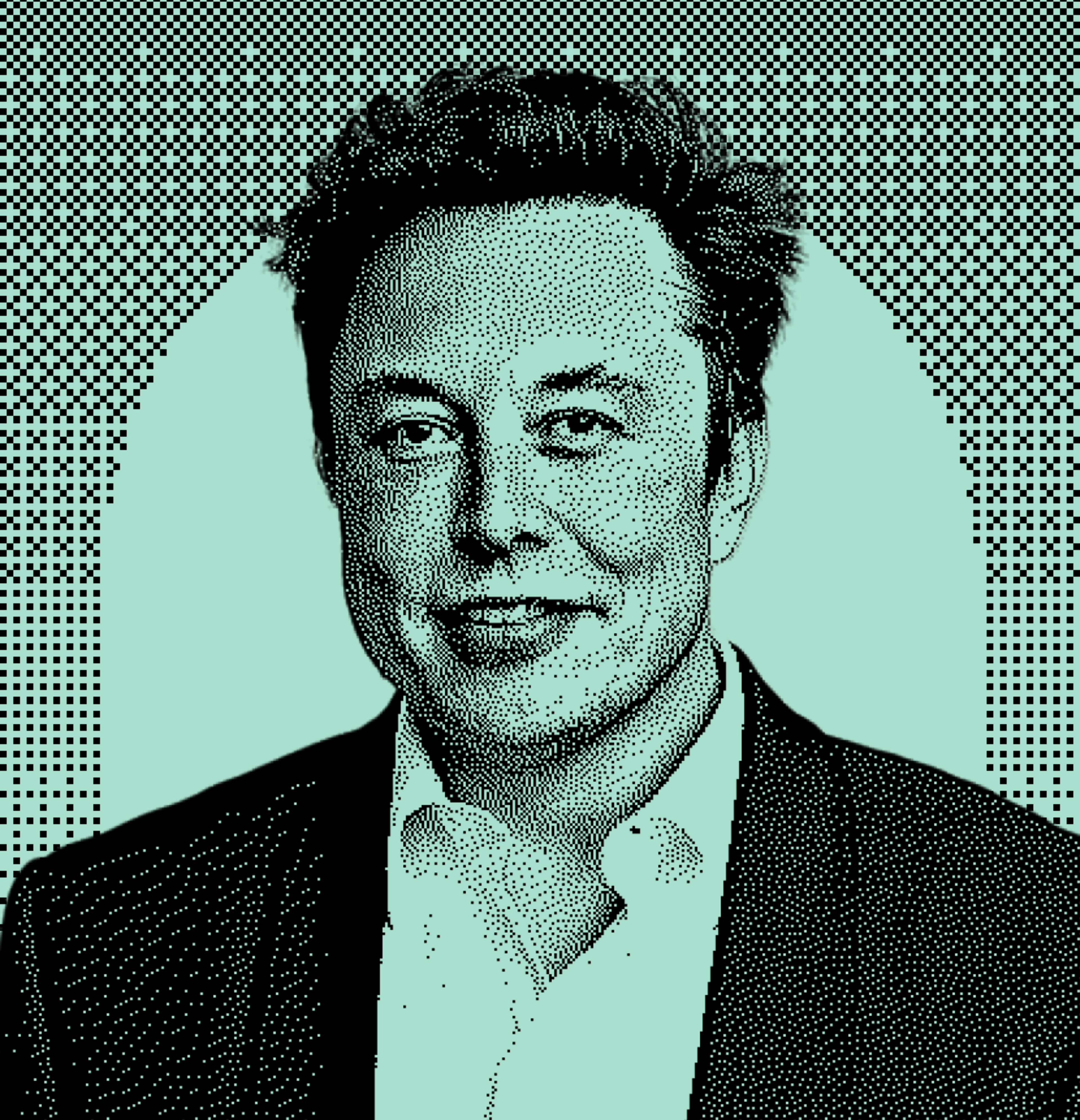 The image is a stylized, halftone portrait of a man in a suit, featuring intricate dot patterns on a turquoise background, giving it a retro feel.