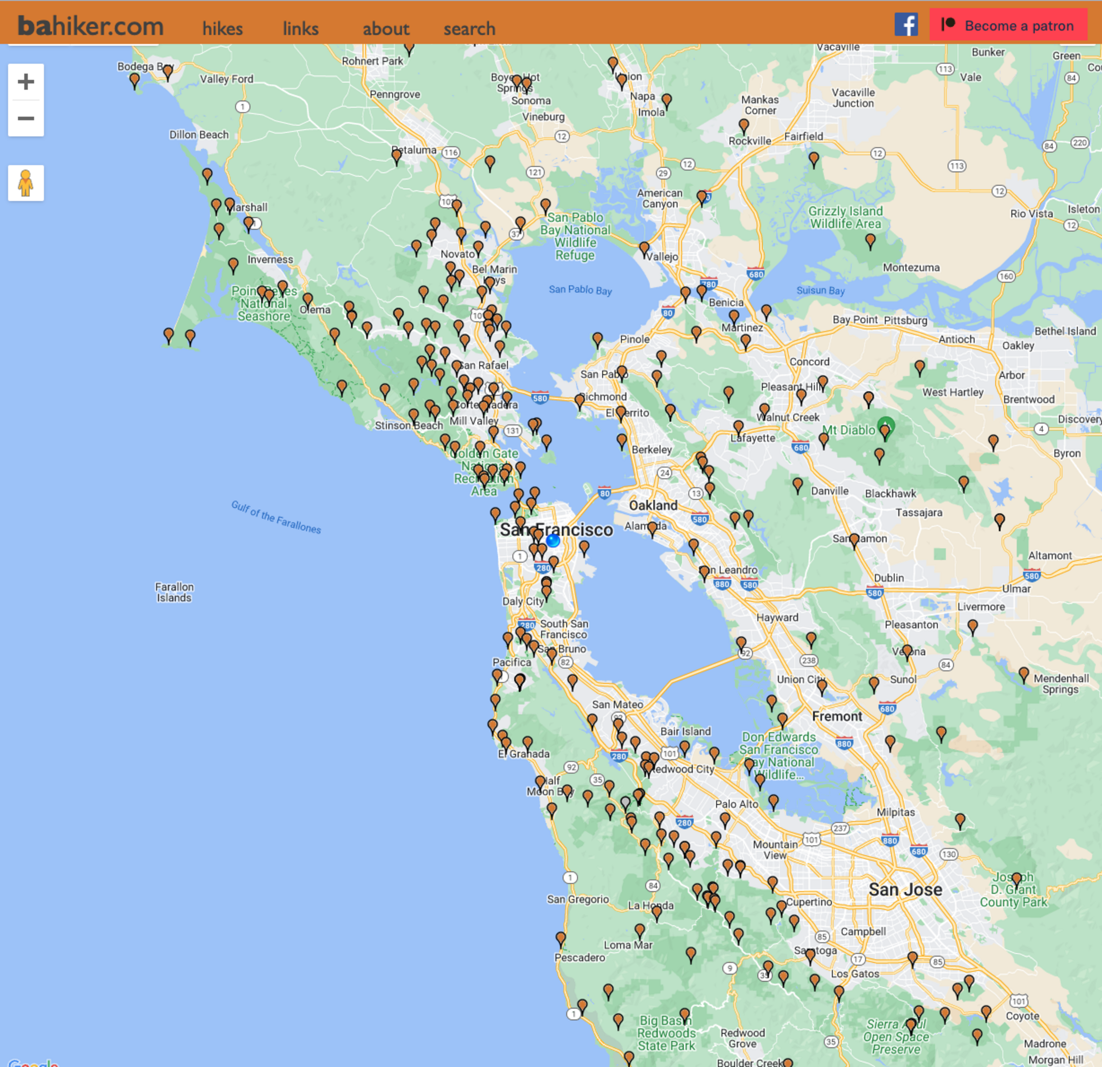 A map showing hiking trails around San Francisco with many icons indicating different locations.