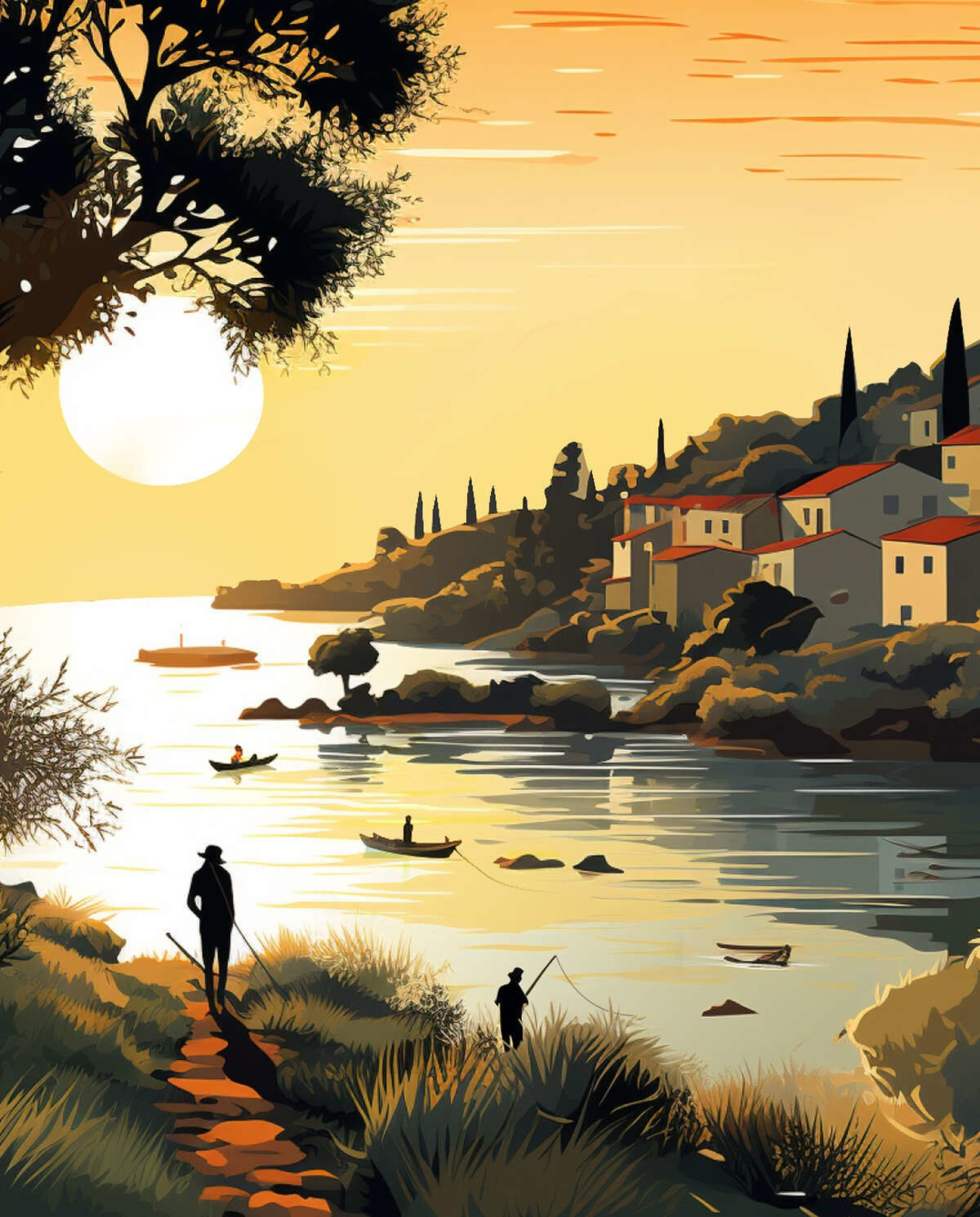 an artist's rendering shows boats on a river going by houses on a hill side