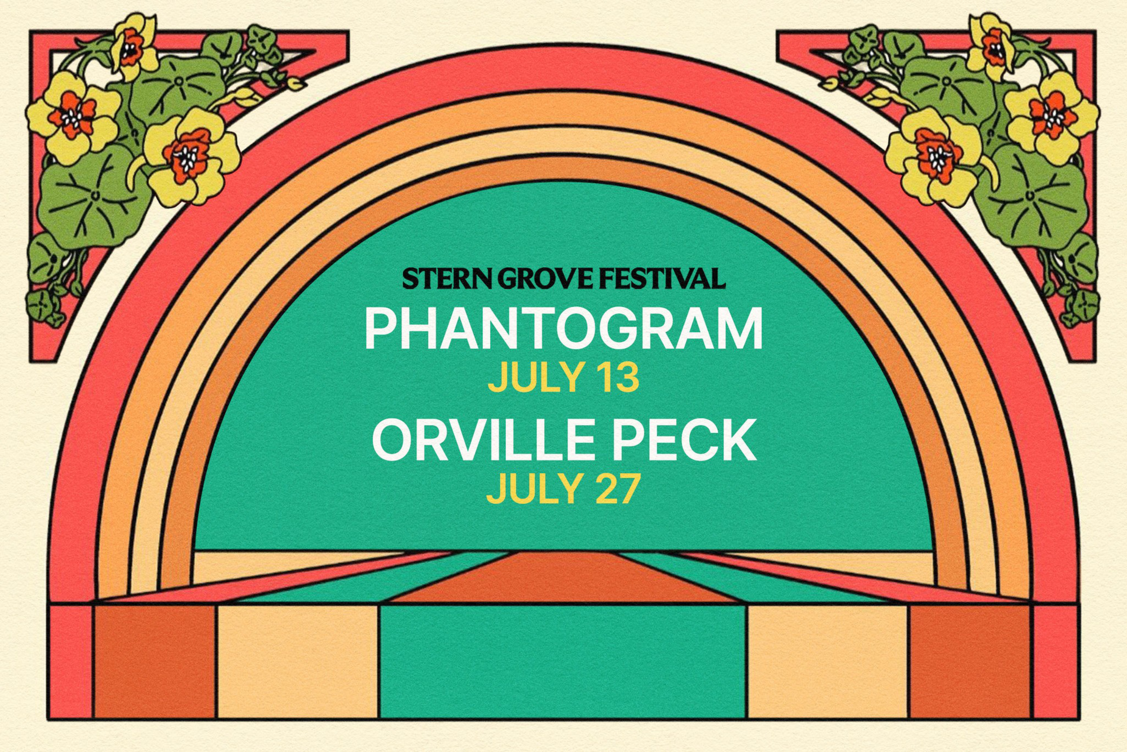 The image features a retro-style design with floral corners and a rainbow arch. Text announces the Stern Grove Festival with Phantogram on July 13 and Orville Peck on July 27.