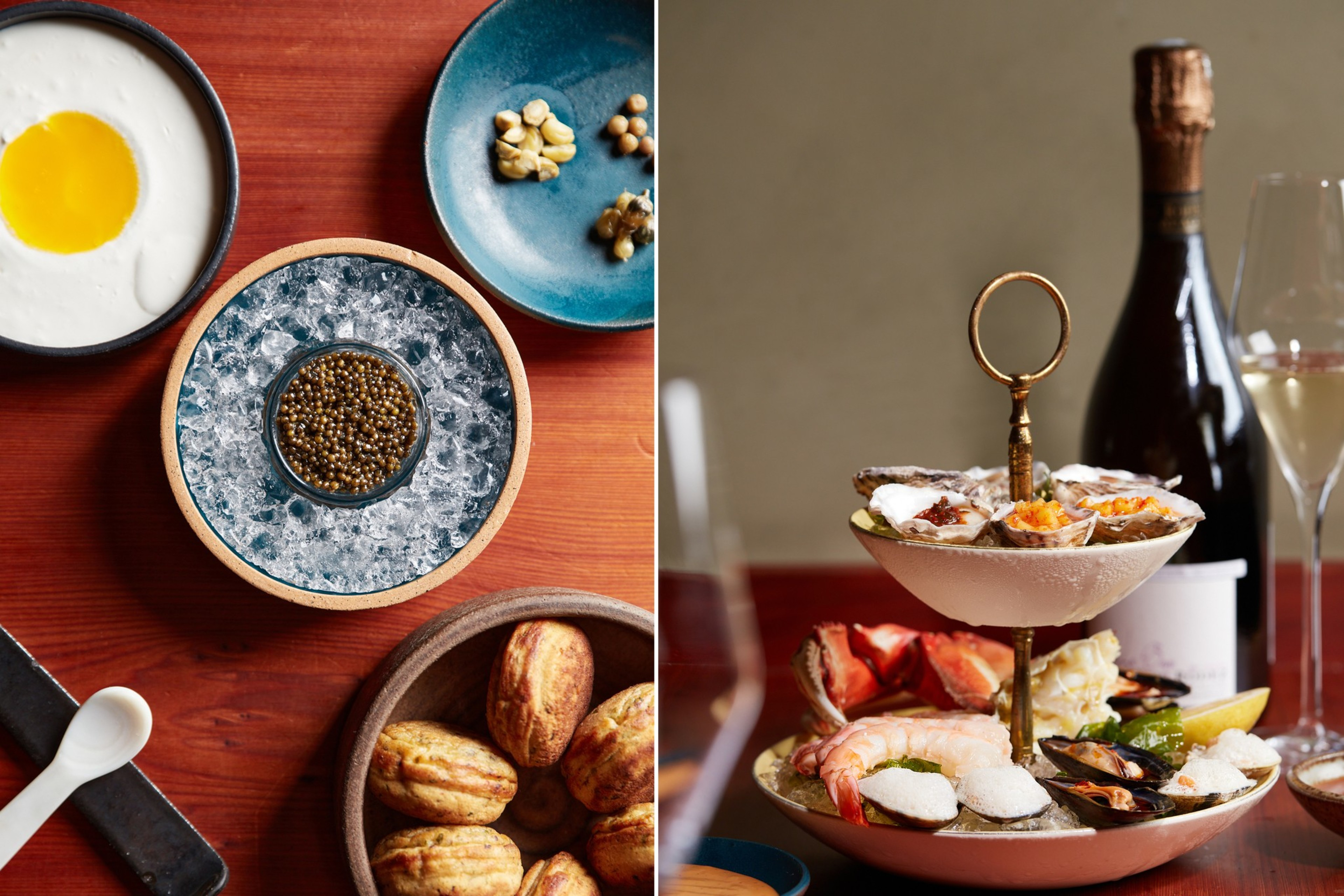 Two side-by-side images show a champagne bottle, oysters and small plates of food.