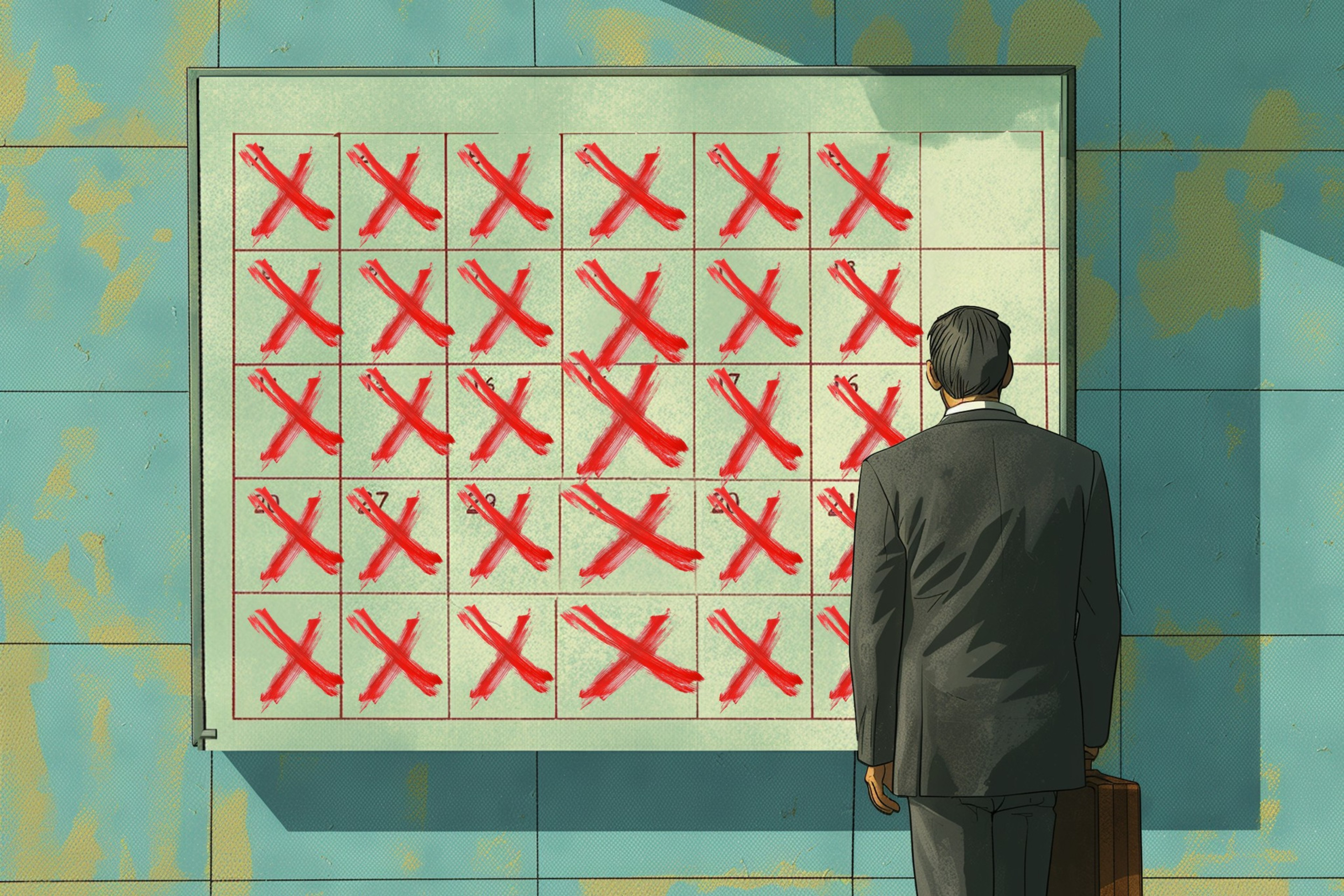 A man in a suit stands, briefcase in hand, facing a wall-mounted calendar filled with large red X's over each day, in front of a teal tiled background.