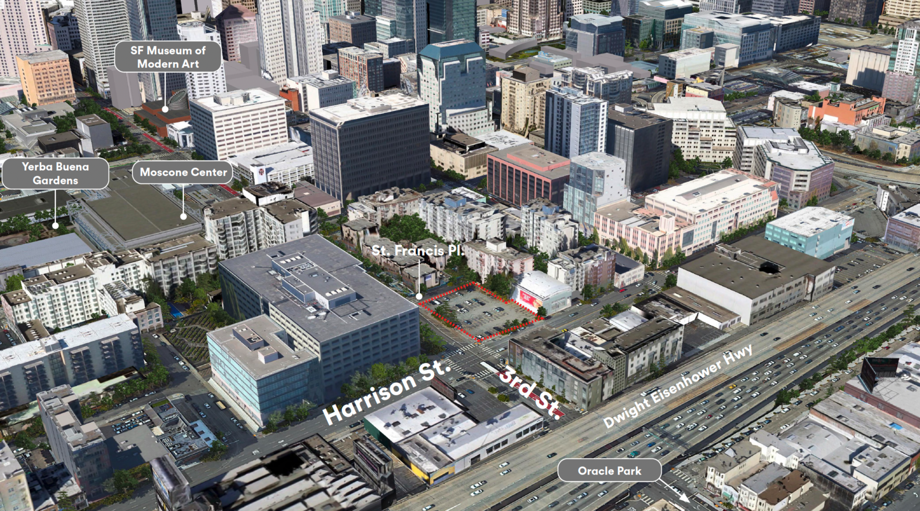 Aerial view of a city block highlighting Harrison St., 3rd St., and Dwight Eisenhower Hwy with landmarks like SF Museum of Modern Art, Moscone Center, and Oracle Park labeled.