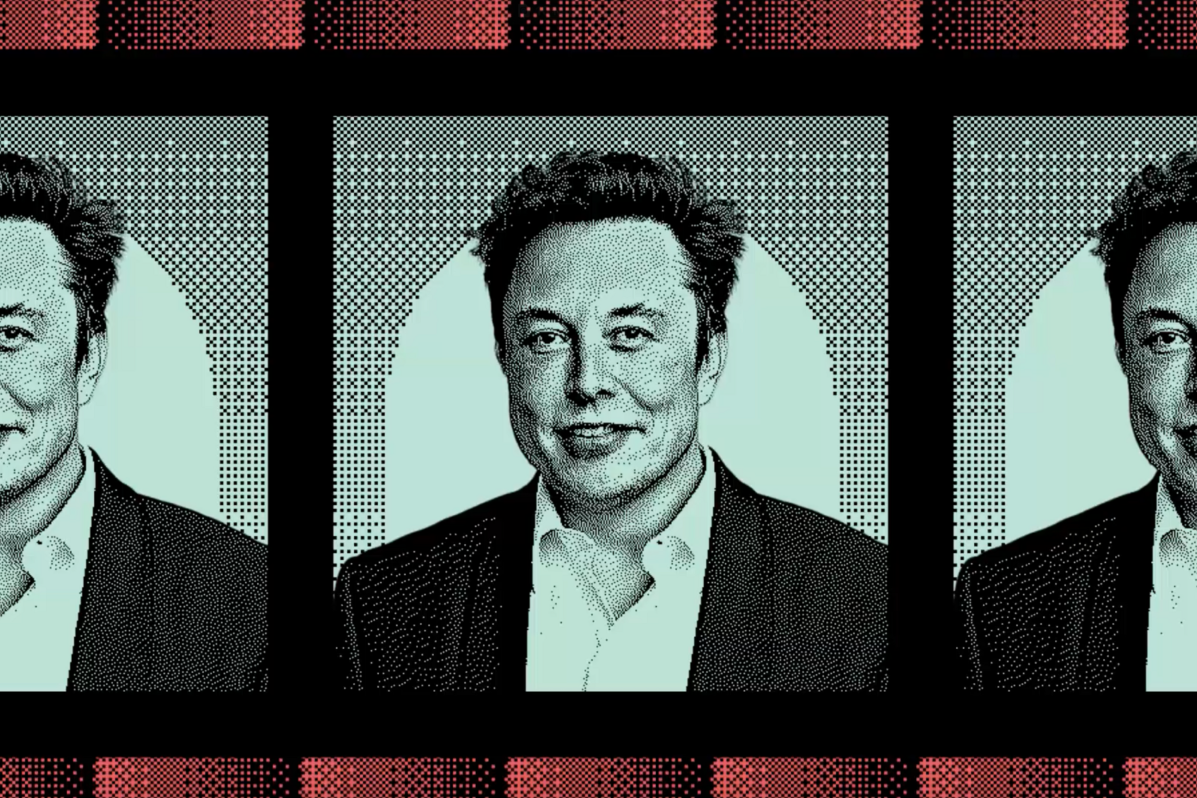 The image shows a digitally stylized triptych of the same person in a suit and open-collared shirt against a blue-green background, framed by a red and black border.