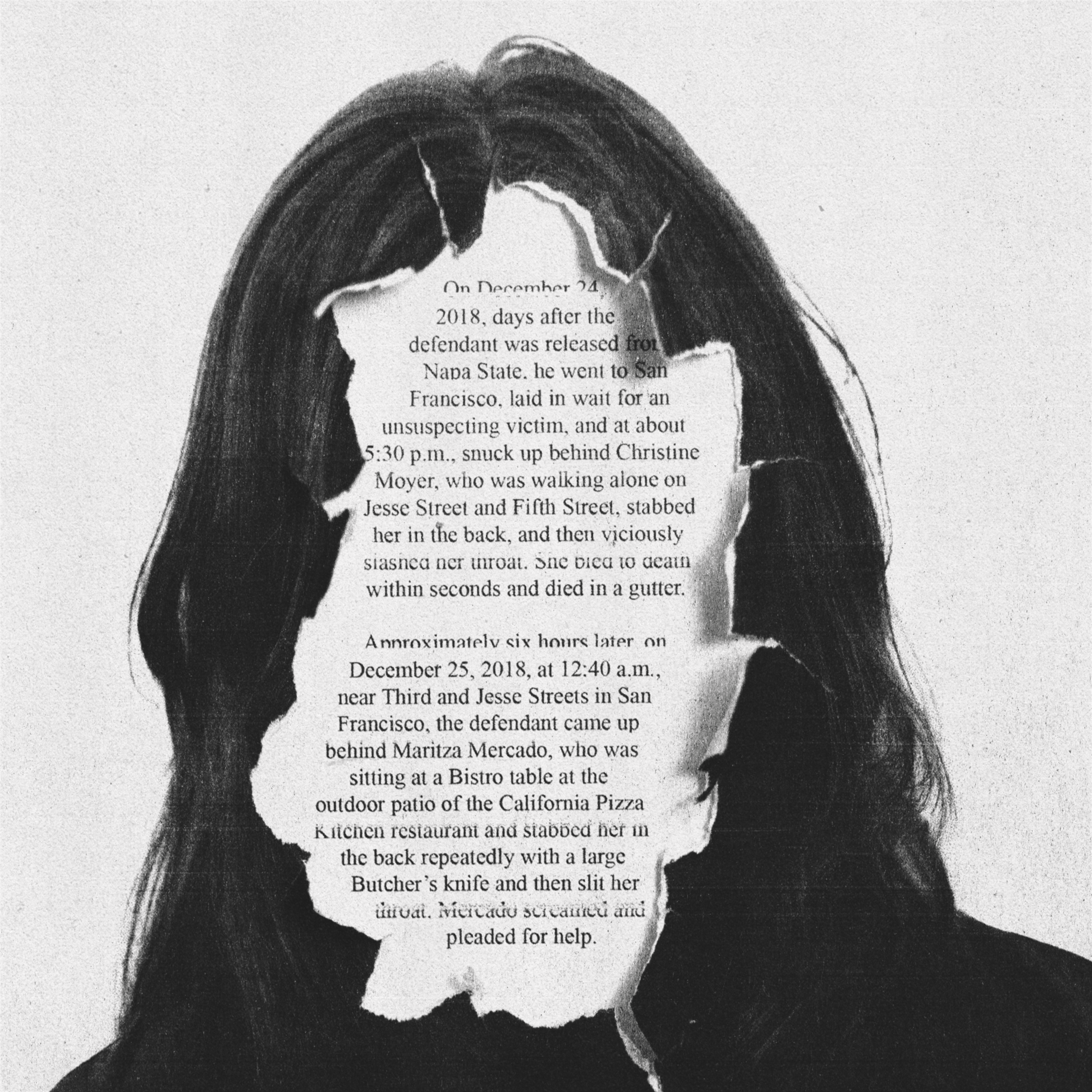 A torn paper with text describing two violent stabbings overlays a black-and-white silhouette of a long-haired person’s head and shoulders.