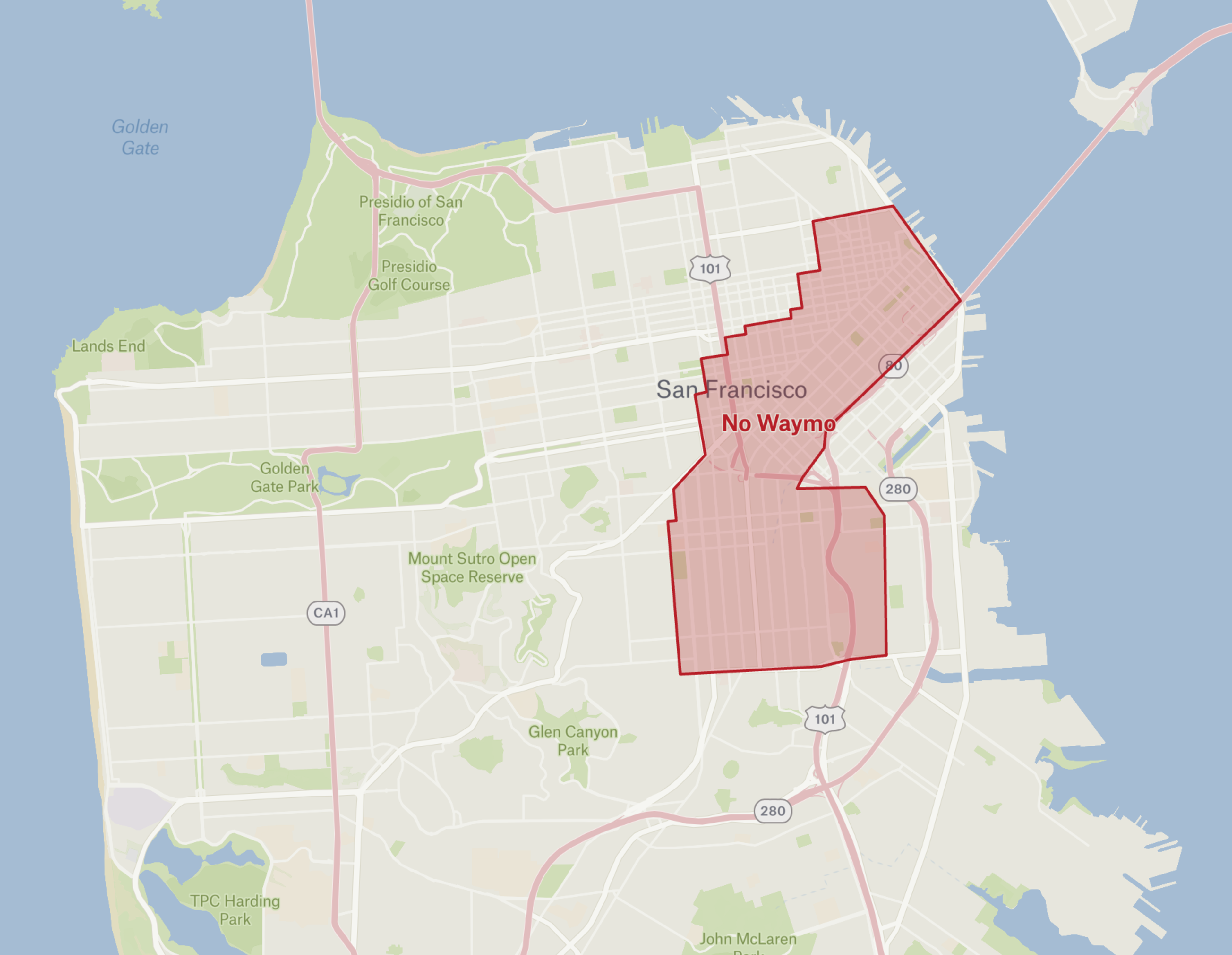 A map of San Francisco highlights a shaded region labeled &quot;No Waymo,&quot; indicating areas restricted from Waymo's service. Green areas represent parks.