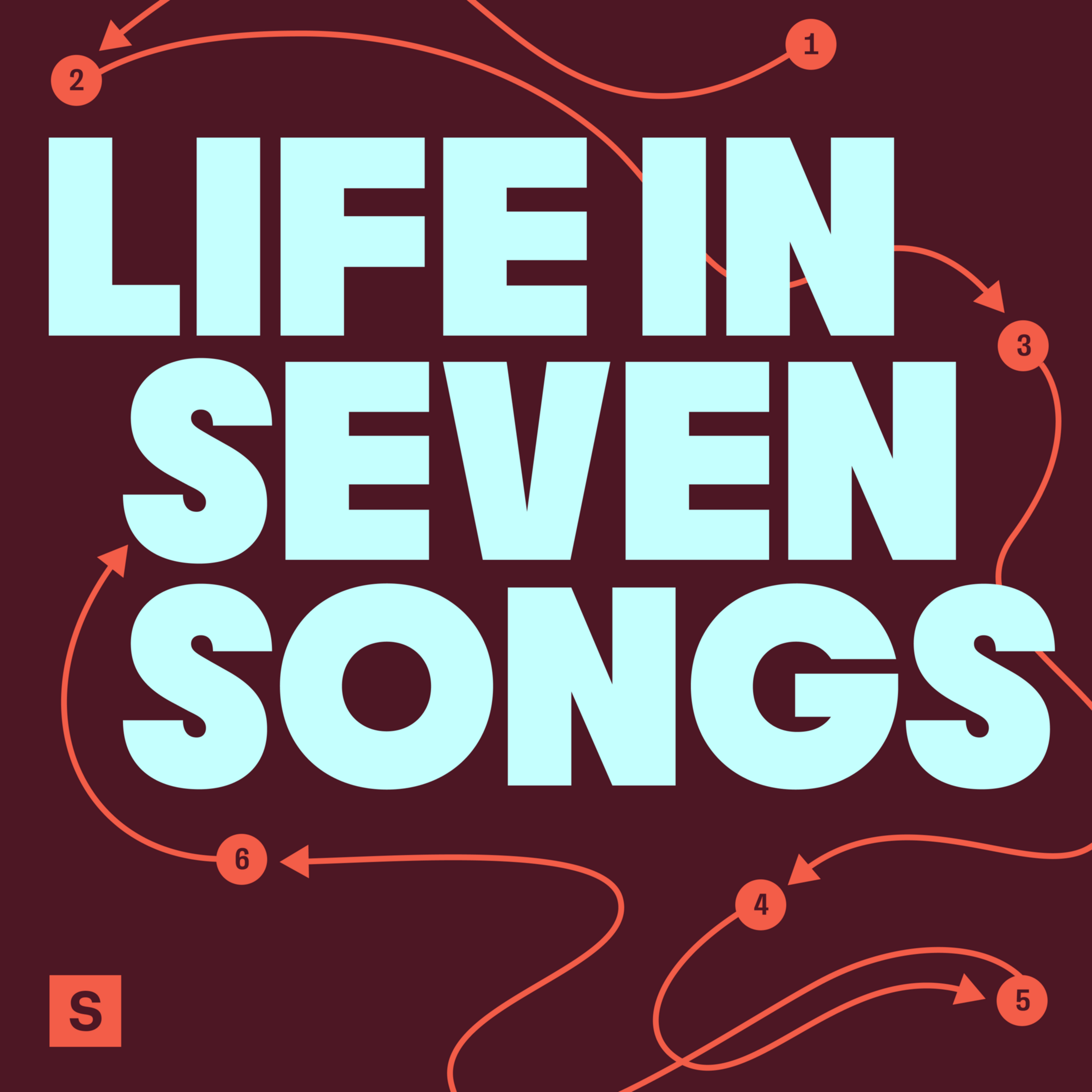 Light blue text reading "LIFE IN SEVEN SONGS" is set against a dark maroon background with connected orange circles numbered 1 to 6.