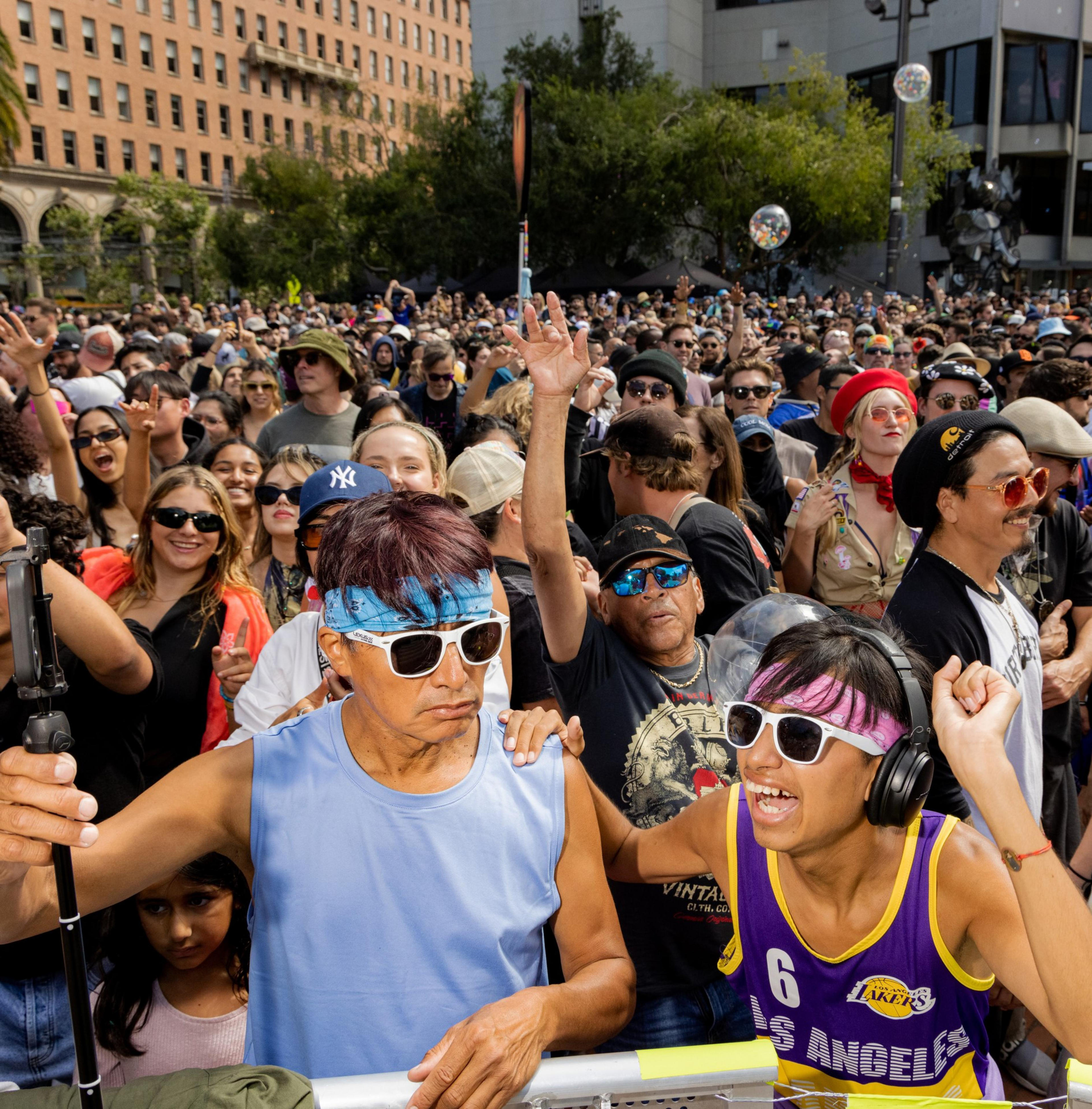 People danced in the crowd at the Dirtybird showcase on Sunday, July 21, 2024. Another Planet Entertainment and Dirtybird threw an afternoon rave at Embarcadero Plaza opposite the Ferry Building for thousands of attendees.