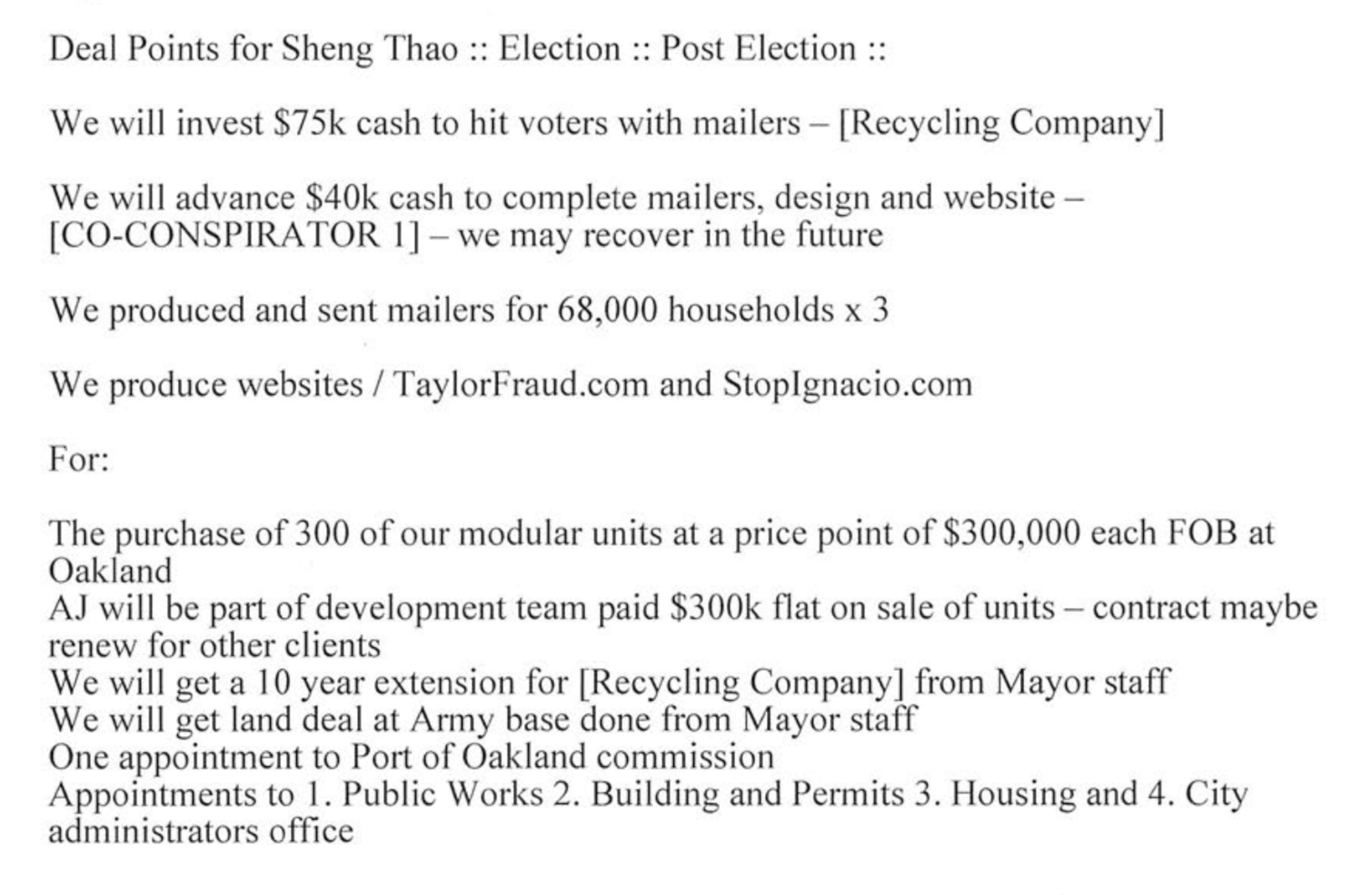 Notes detailing planned cash investments for mailers and websites, production of mailers, and various business deals including sales, appointments, and land dea