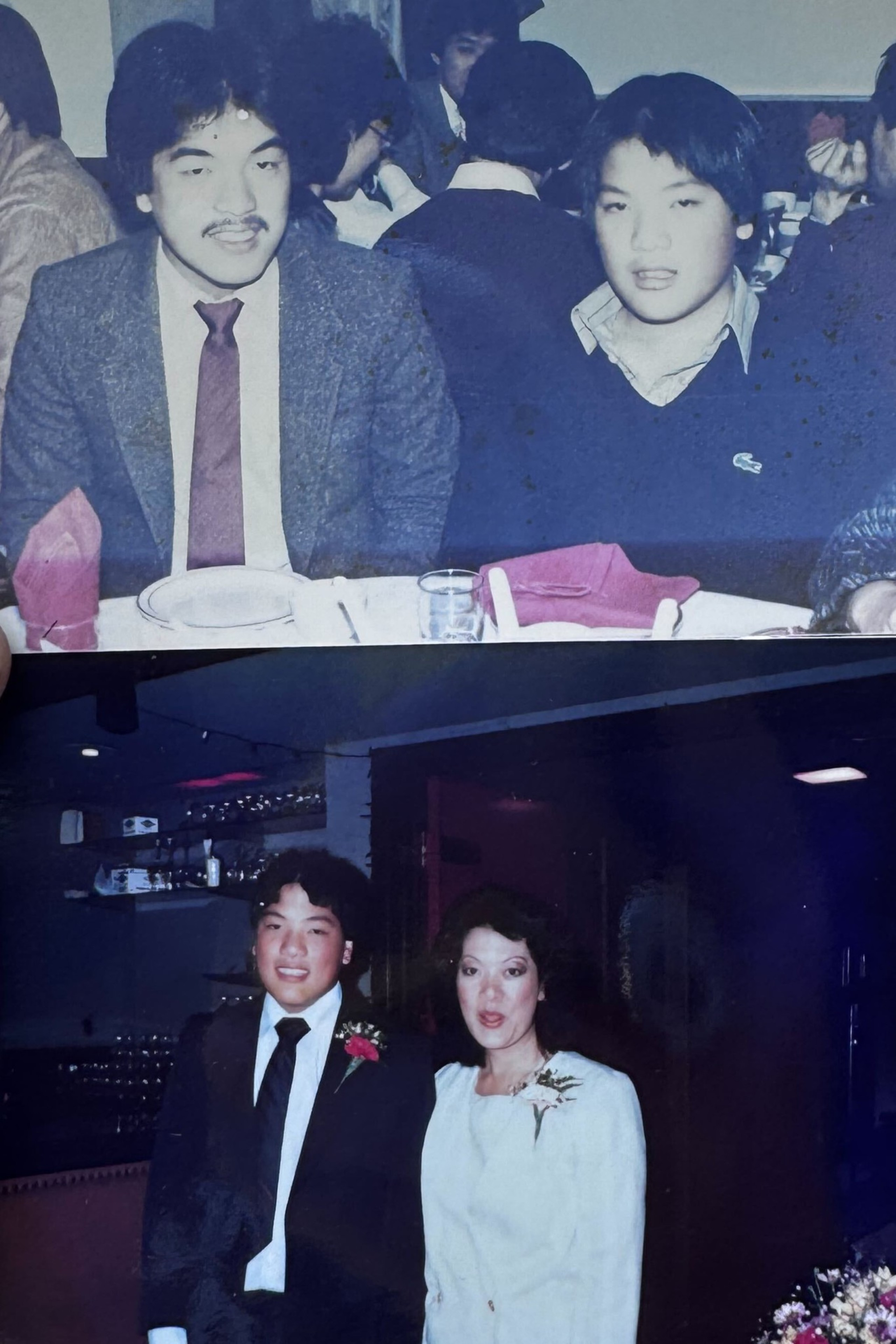 Two photos: the first shows two young men sitting at a table dressed formally; the second shows a young man and woman smiling, dressed in formal attire with corsages.
