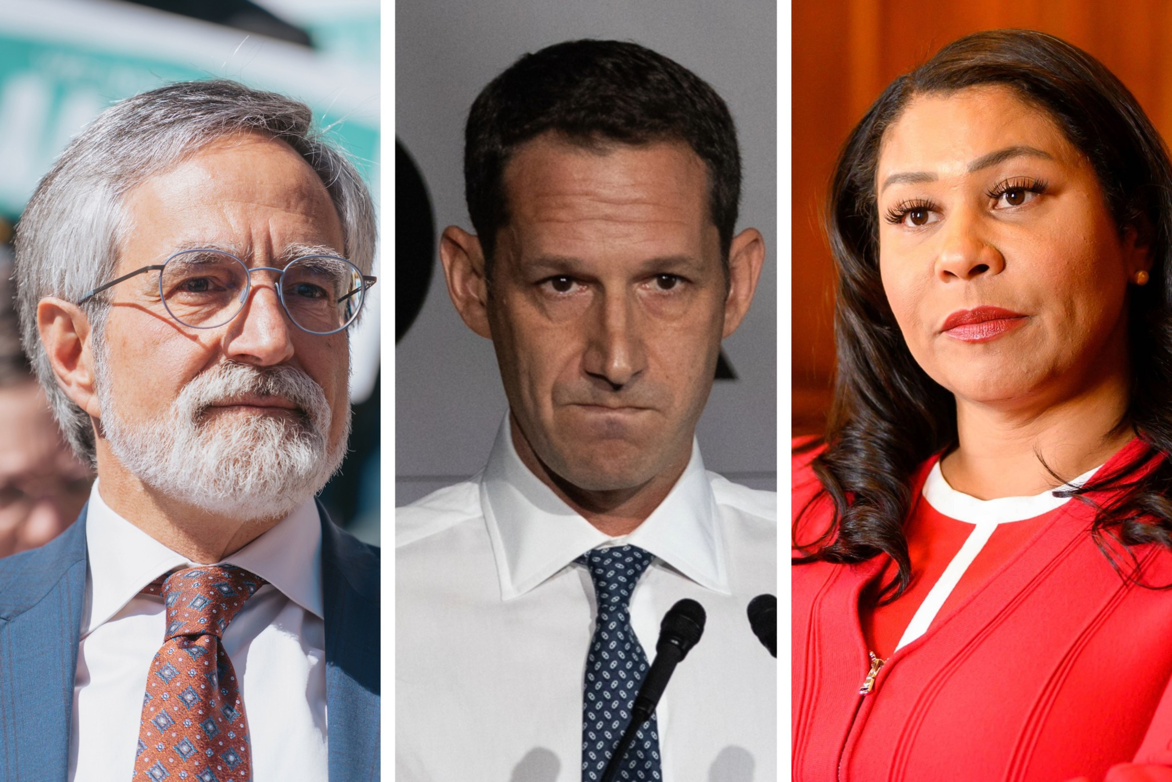 Three side-by-side portraits of: Aaron Peskin, an older man with glasses; Daniel Lurie, a middle-aged man; and Mayor London Breed, a woman. All appear serious and professionally dressed.