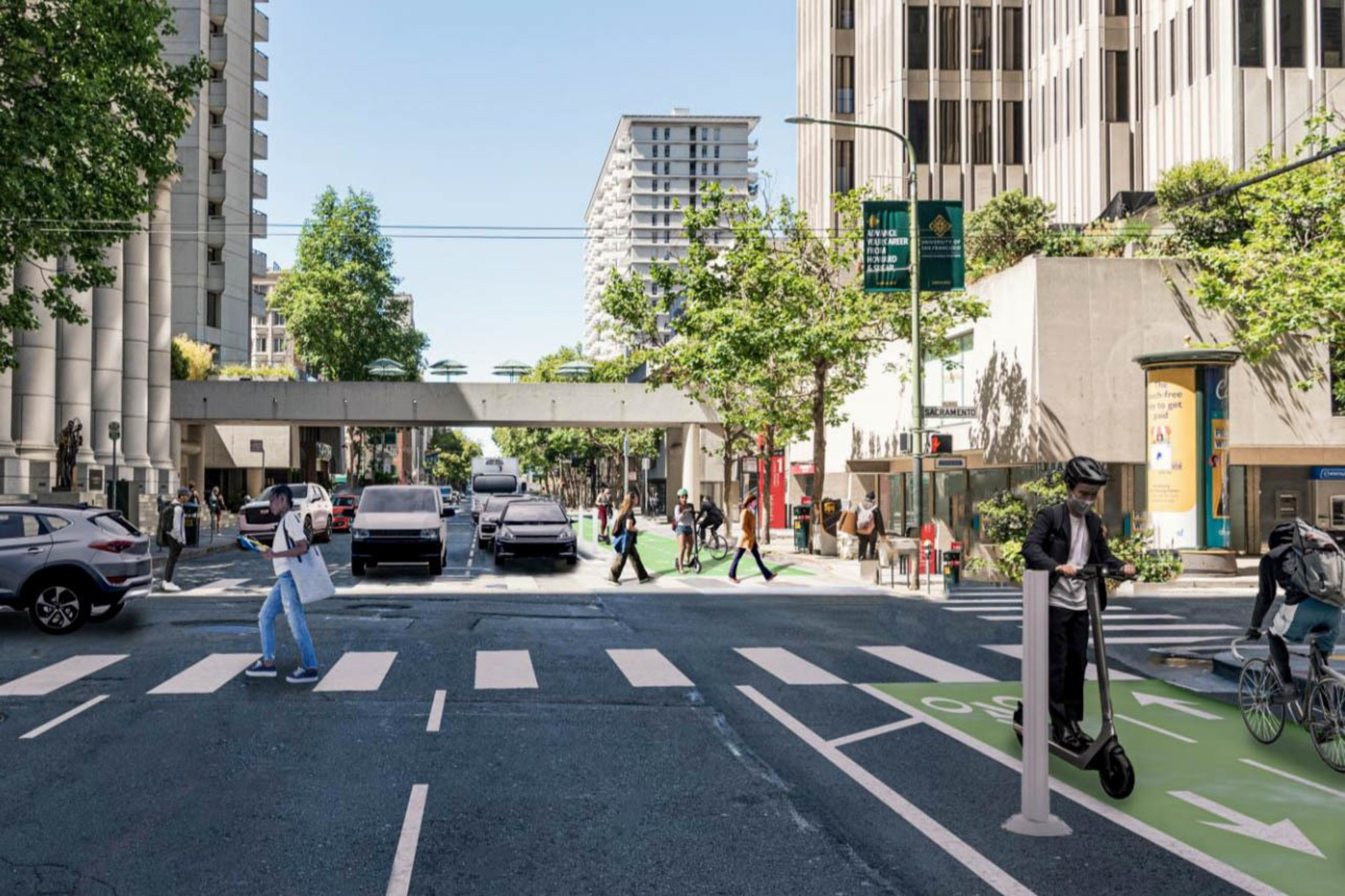 A busy urban street with pedestrians crossing, cars waiting, a person riding a scooter, and another on a bicycle in designated lanes on a sunny day.
