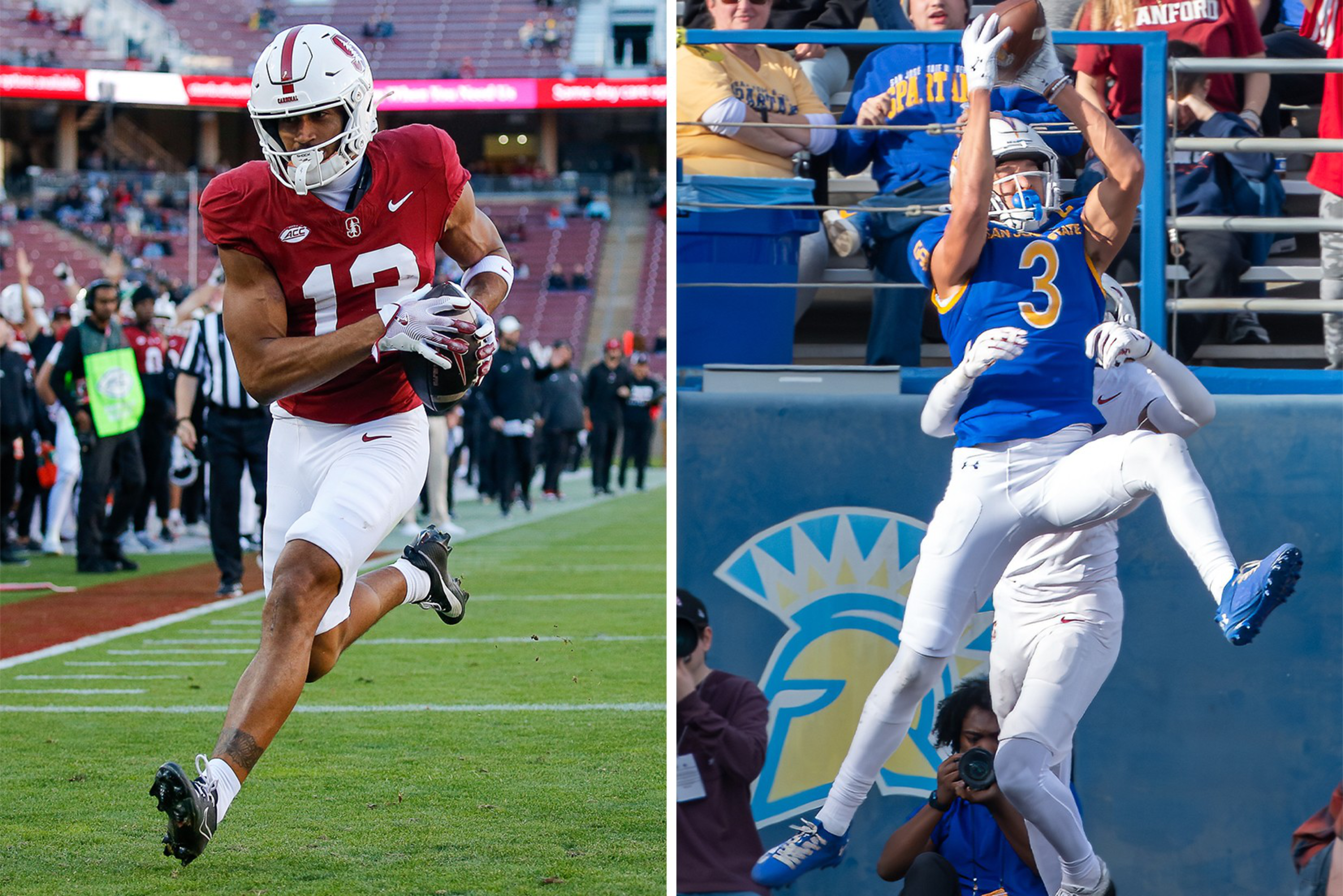 The image shows two football players mid-action. The left player in red is running, holding the ball. The right player in blue is catching the ball while jumping.