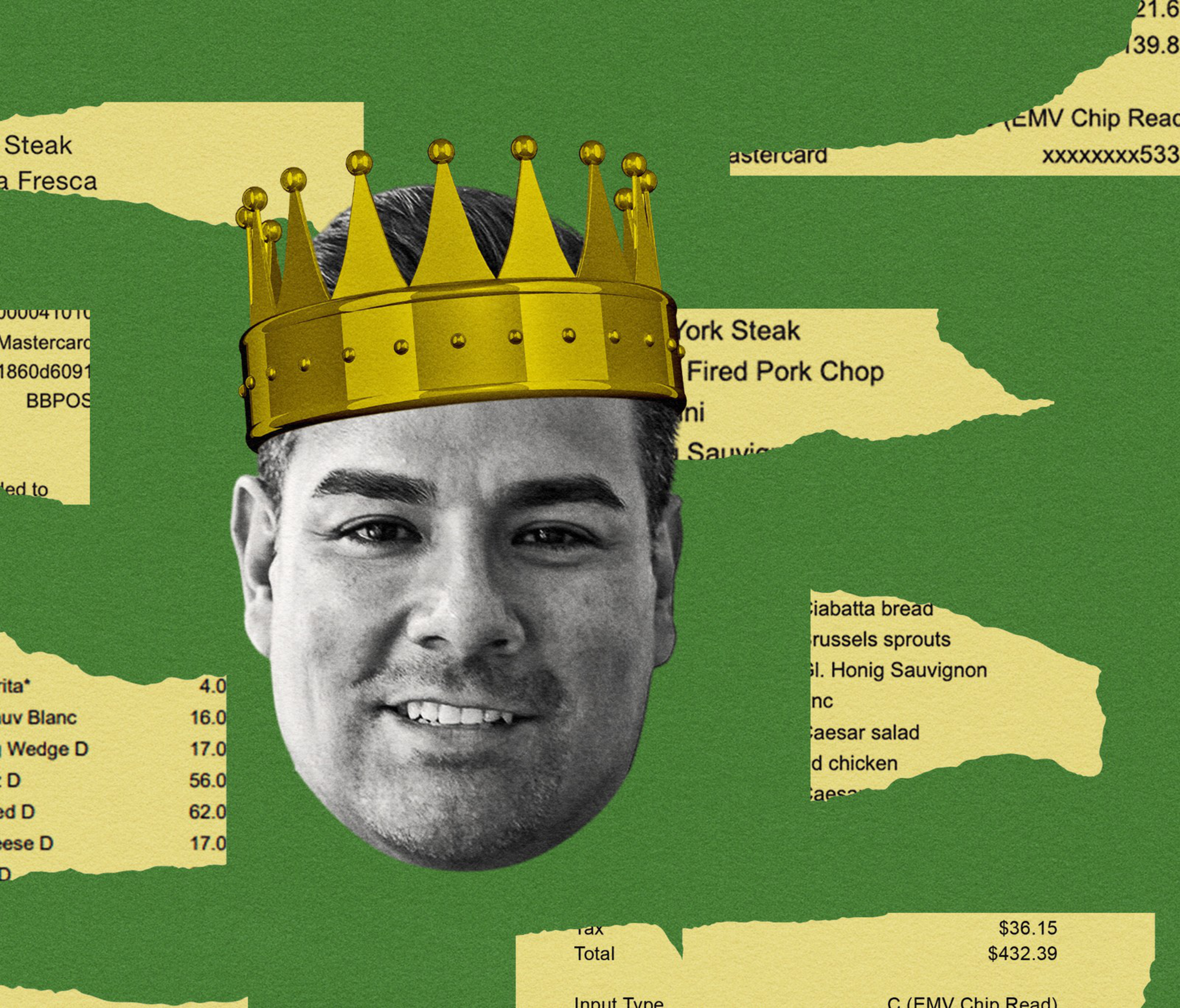A black-and-white face wearing a gold crown is surrounded by green and yellow torn pieces resembling restaurant receipts.