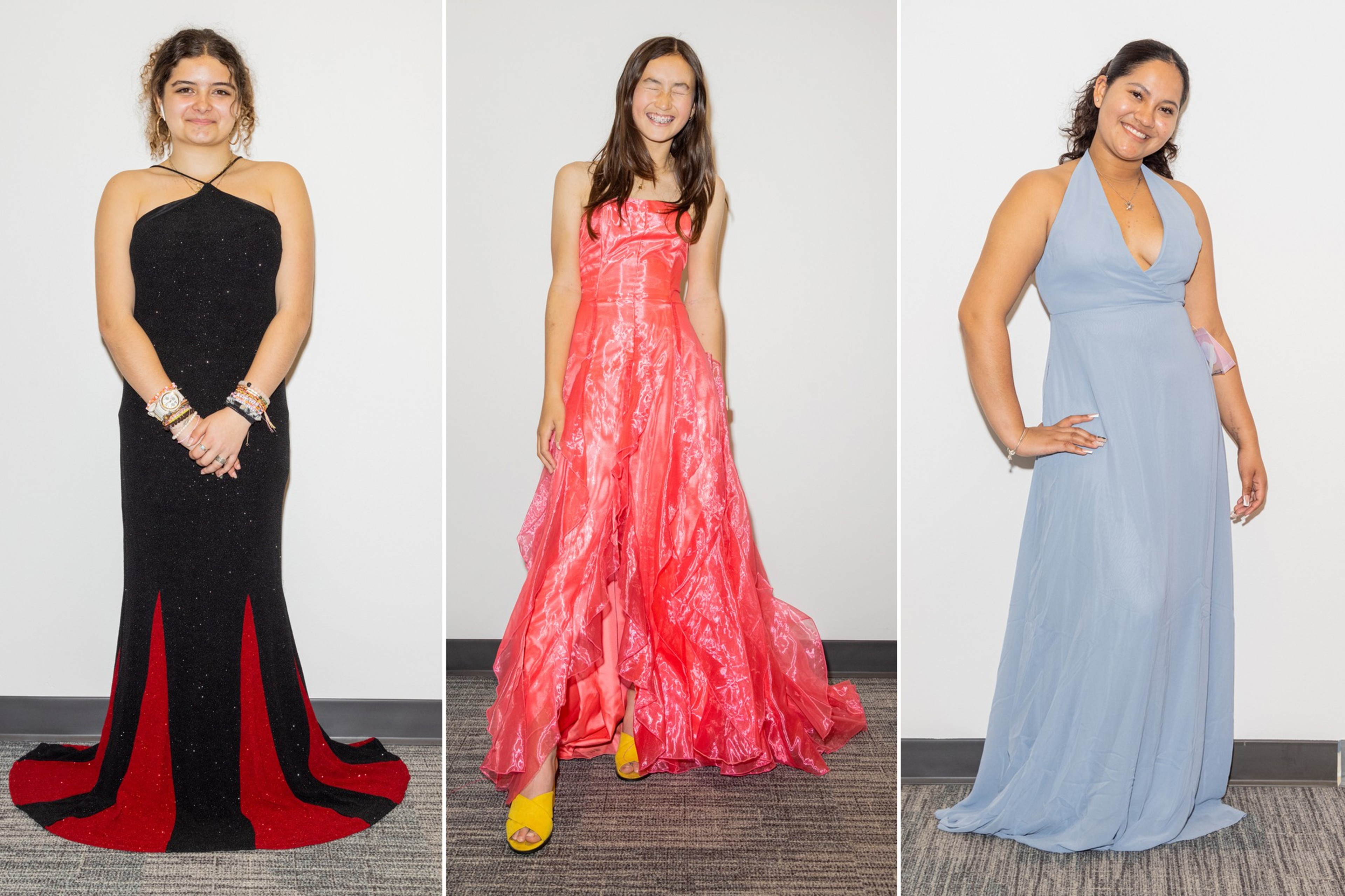 Three smiling women in elegant dresses pose individually against a white backdrop.
