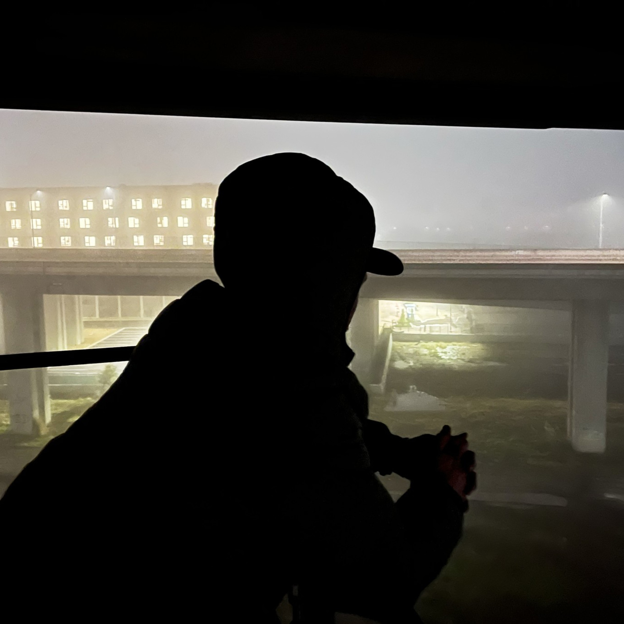 A silhouette of a person in a hood gazes out at a foggy urban scene, featuring a building with lit windows and an overpass with streetlights.
