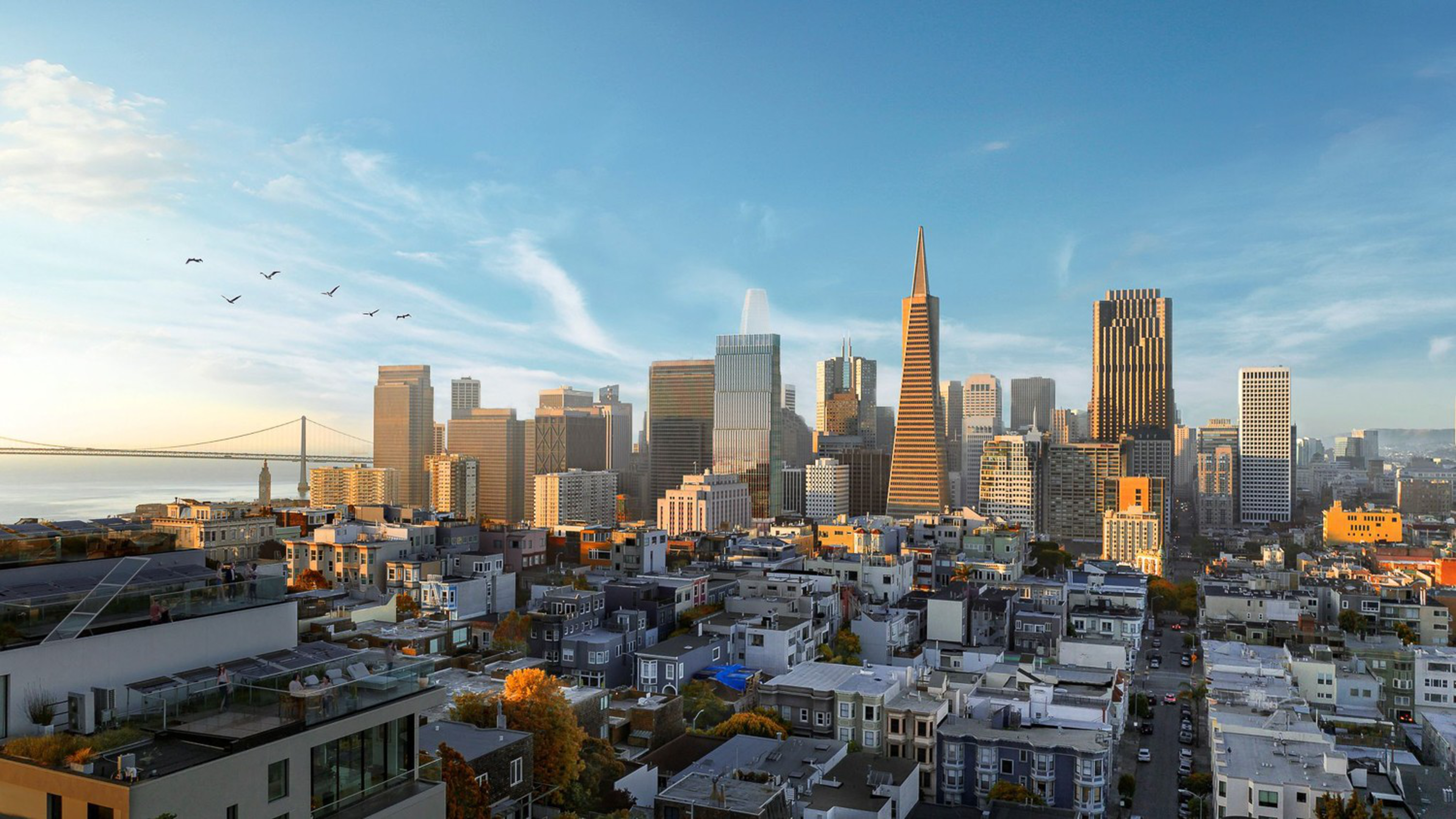 The image shows a cityscape with a mix of tall skyscrapers and lower buildings under a clear blue sky. Birds fly across, and a bridge is visible on the left.