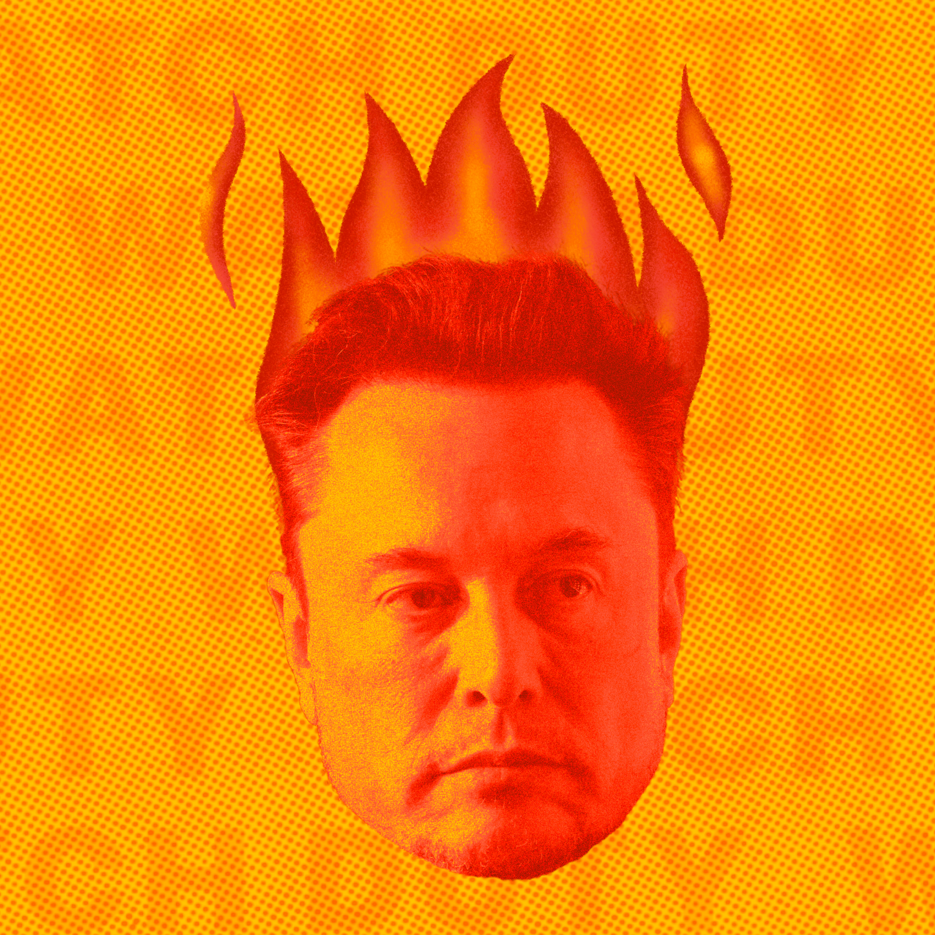 A man's face is shown with a stylized digital flame crown above his head, set against a textured yellow background with faint, repeated text.