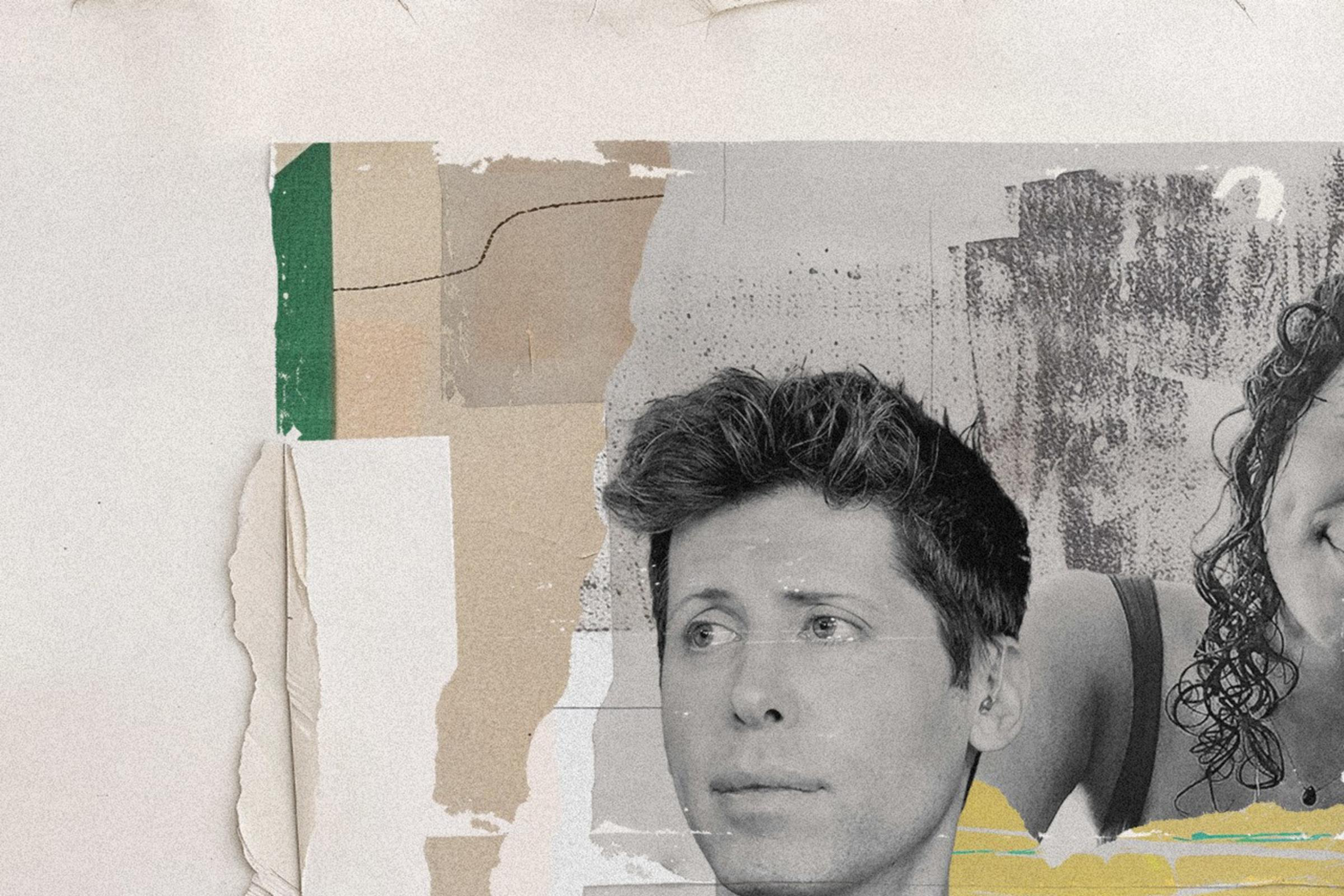 A photo collage with ripped paper, paint splashes, and a photo of a man and woman.