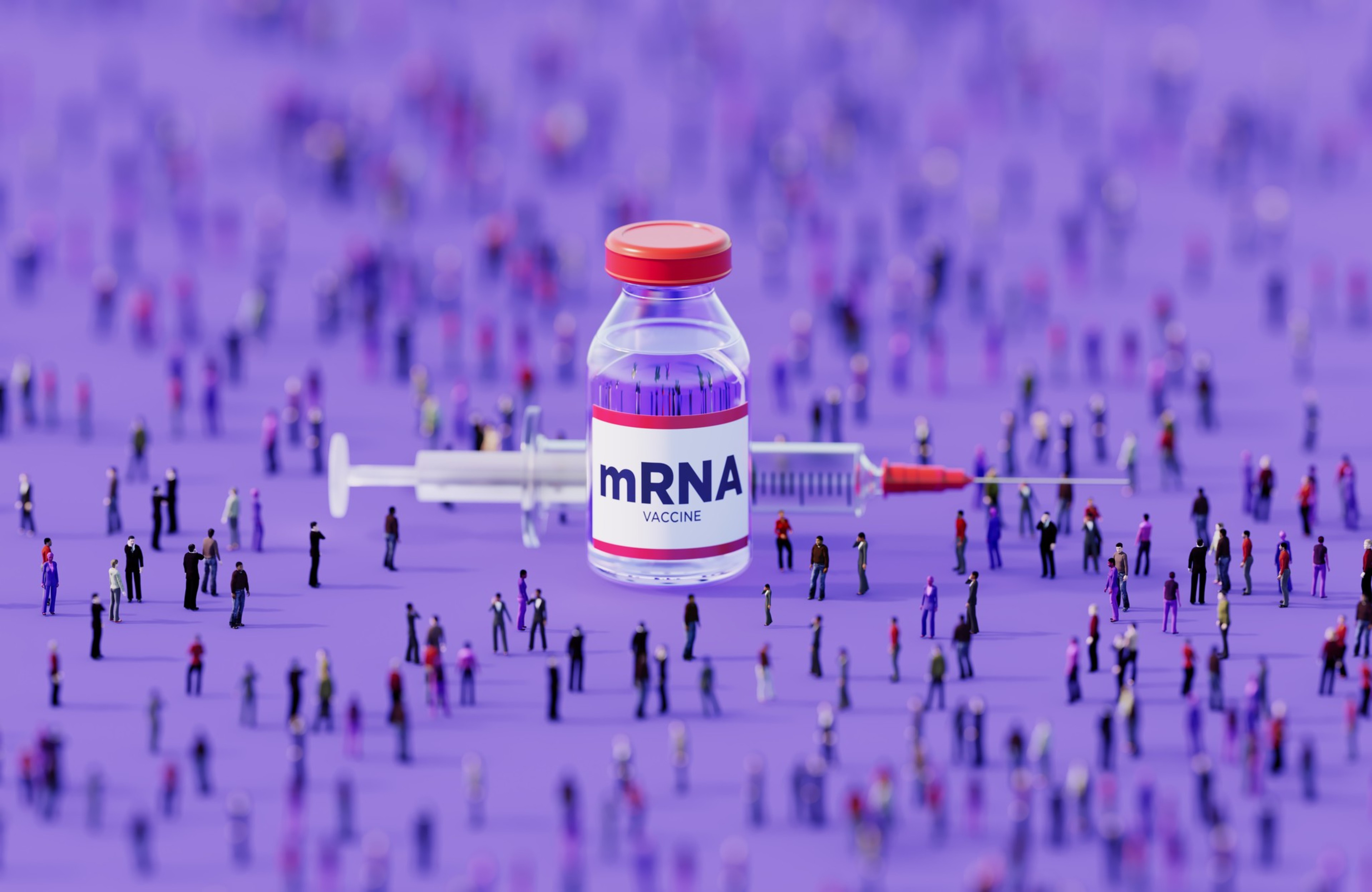 A large mRNA vaccine vial and syringe are surrounded by many tiny, diverse people standing on a purple background.