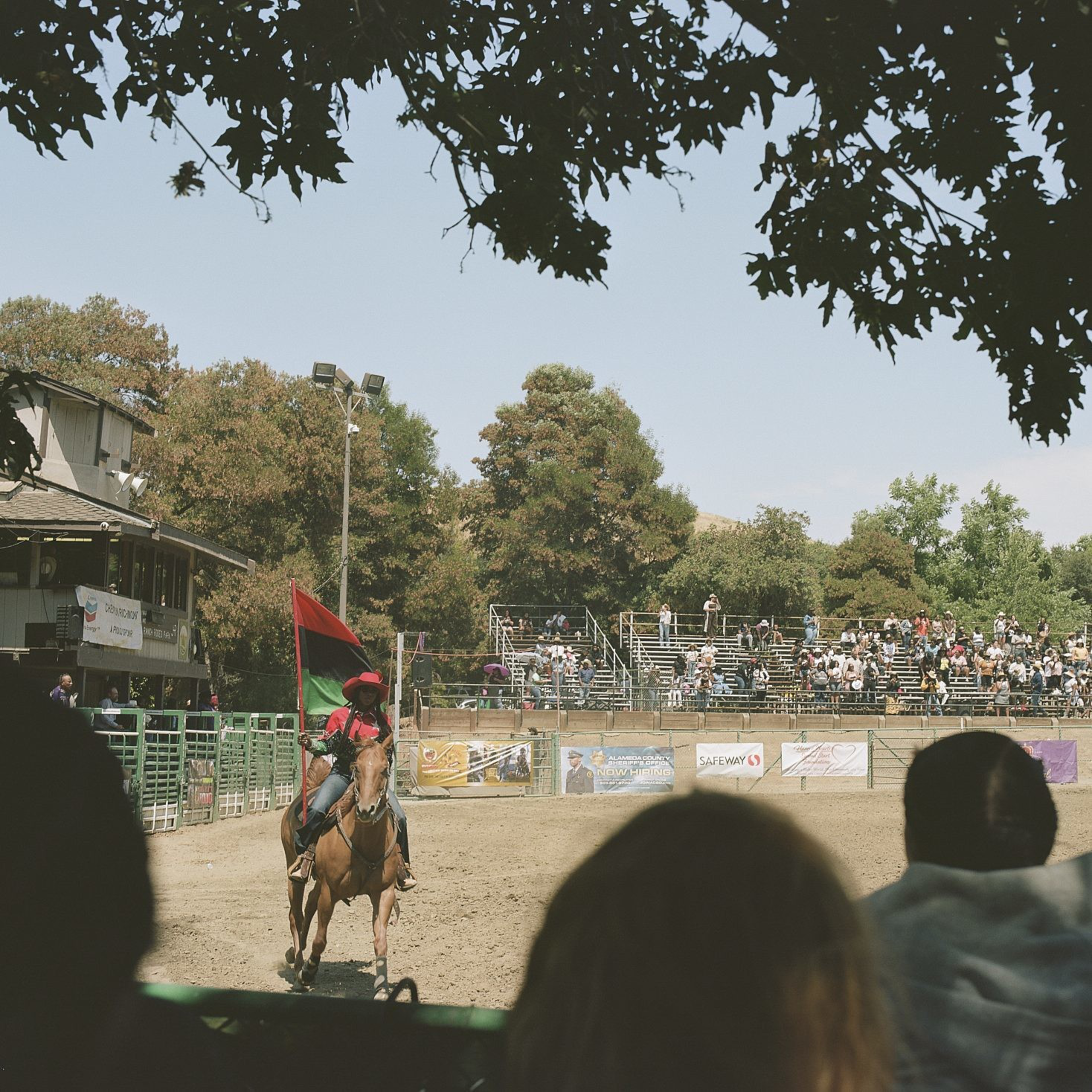 A person in a red shirt and hat rides a horse, holding a red and black flag. Spectators fill the bleachers in a sunny outdoor arena with trees around.