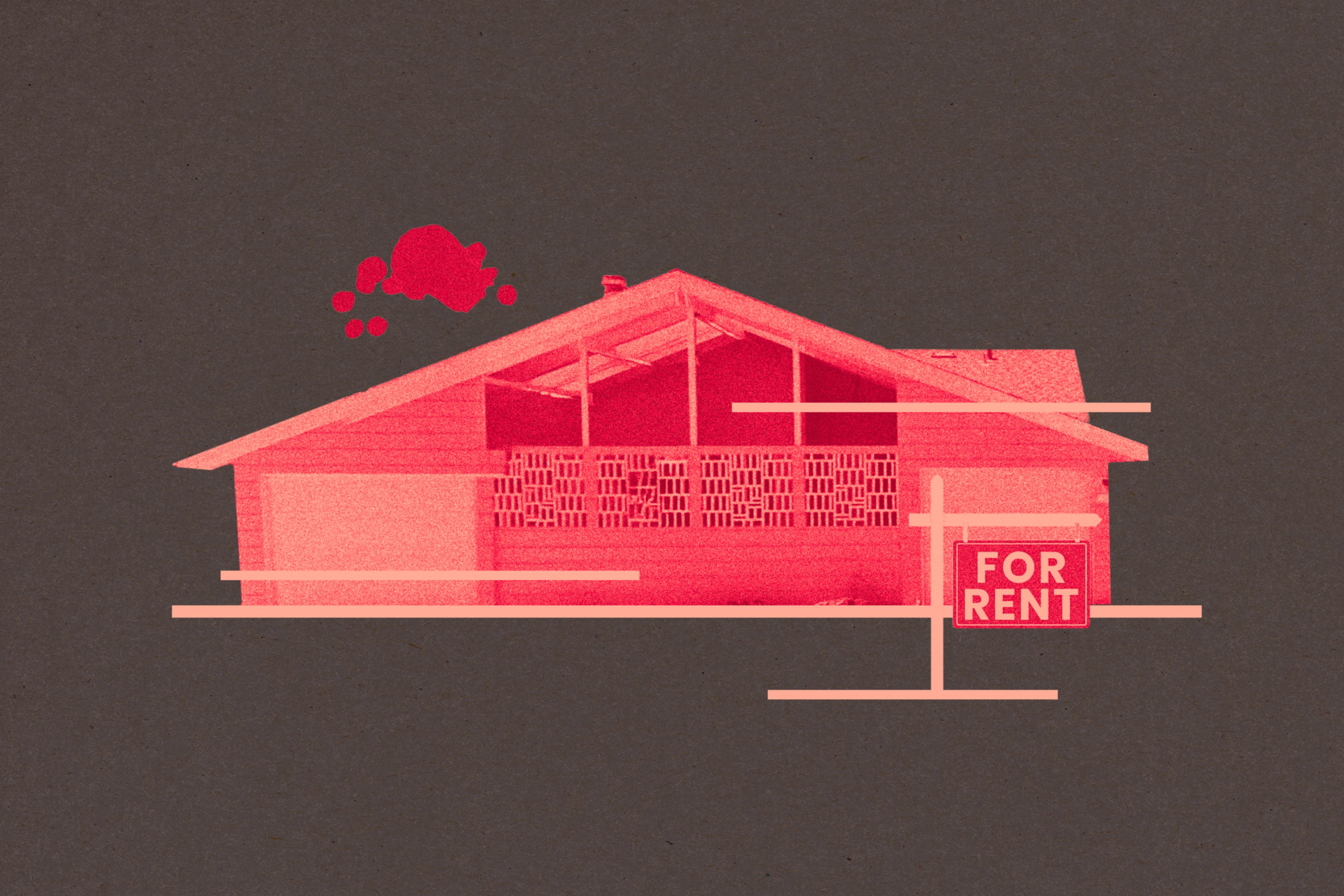 A pink-toned image of a house with a "For Rent" sign, featuring abstract elements and lines, set against a dark background.