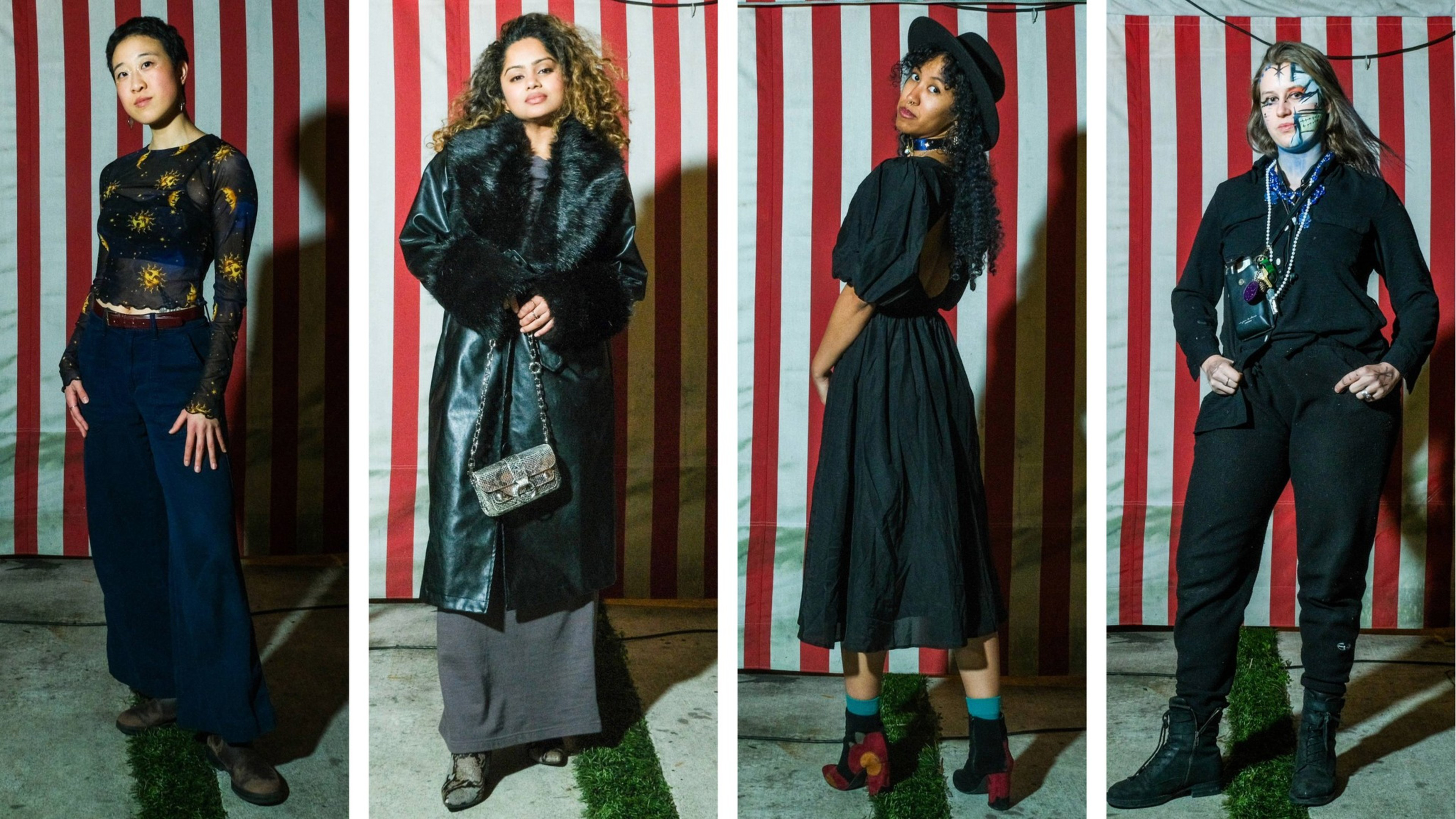 Four individuals pose separately against a red and white striped backdrop, each exhibiting a distinct fashion style.