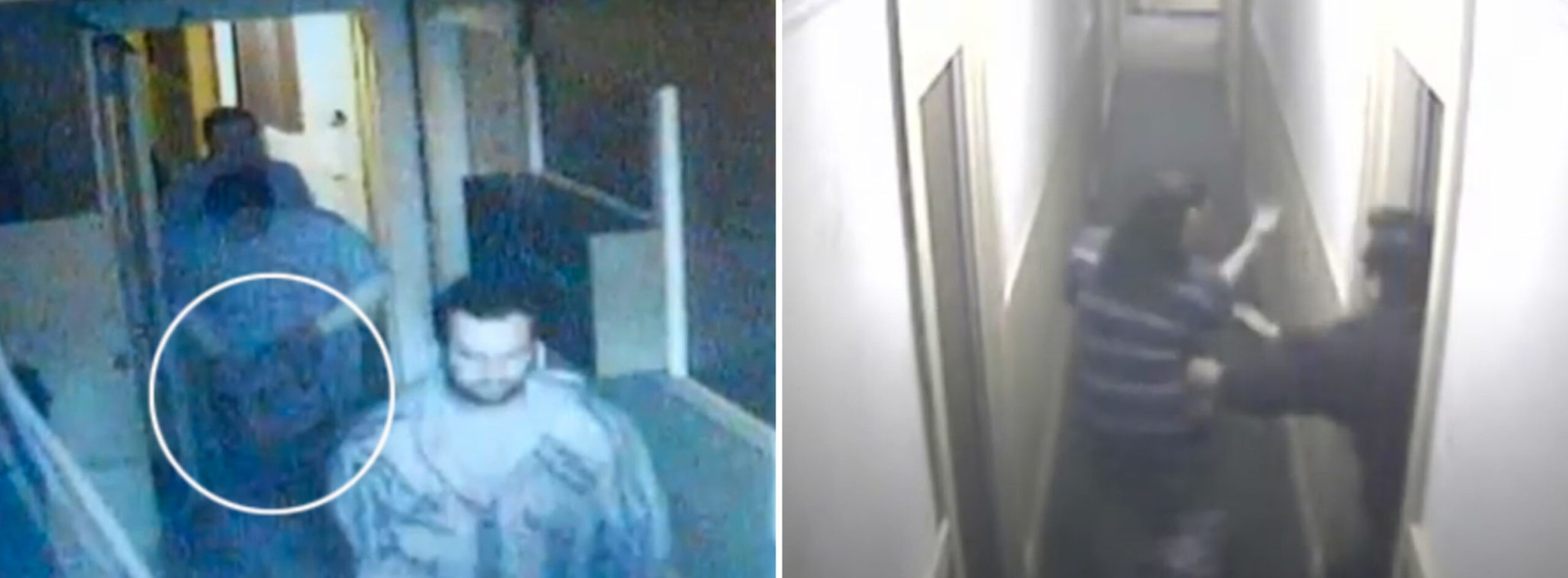 Two men walk down a dim hallway in the left image, one circled; in the right image, two men struggle in a narrow, brightly lit corridor.