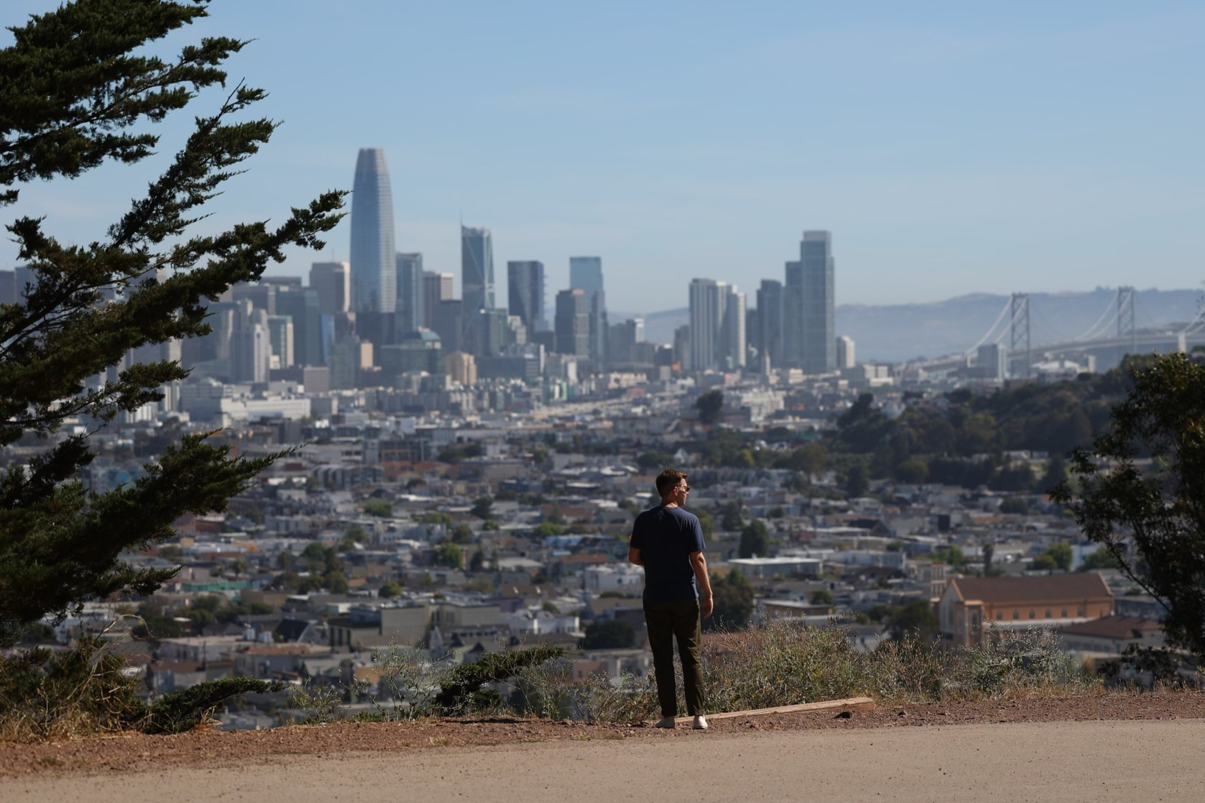 A man overlooks a cityscape with skyscrapers and a bridge in the distance.