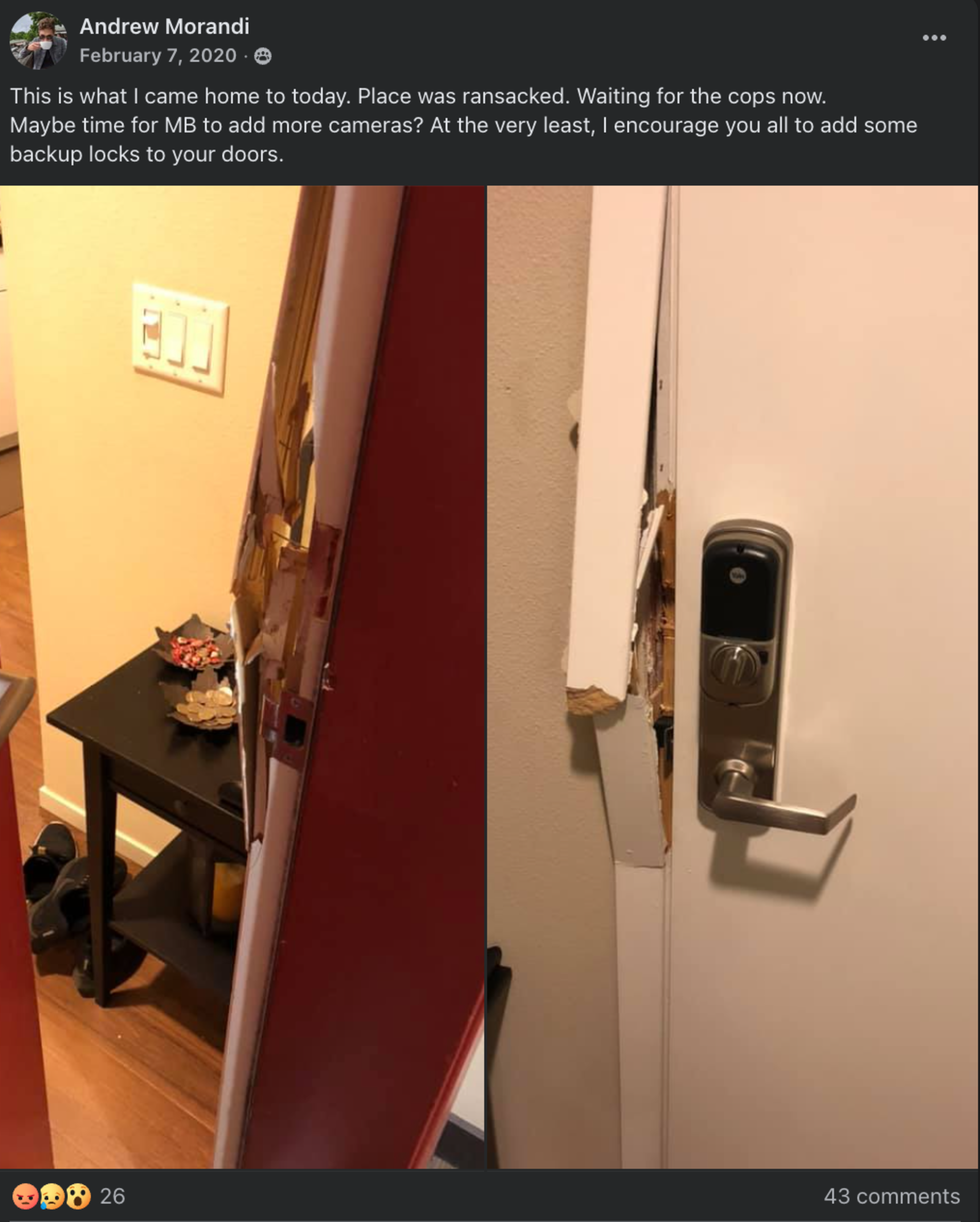 A door frame is heavily damaged, splintered where it meets the door, showing forced entry; a digital lock and handle remain intact on the door itself.