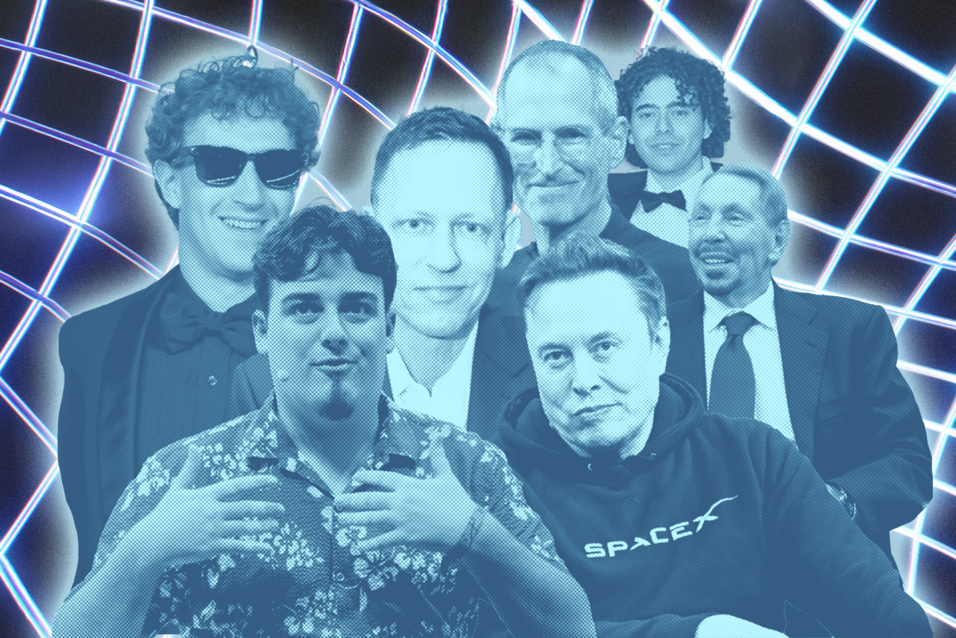 Seven men are arranged in front of a glowing grid background; one wears a SpaceX hoodie, another sunglasses, and the rest are dressed in formal or casual attire.