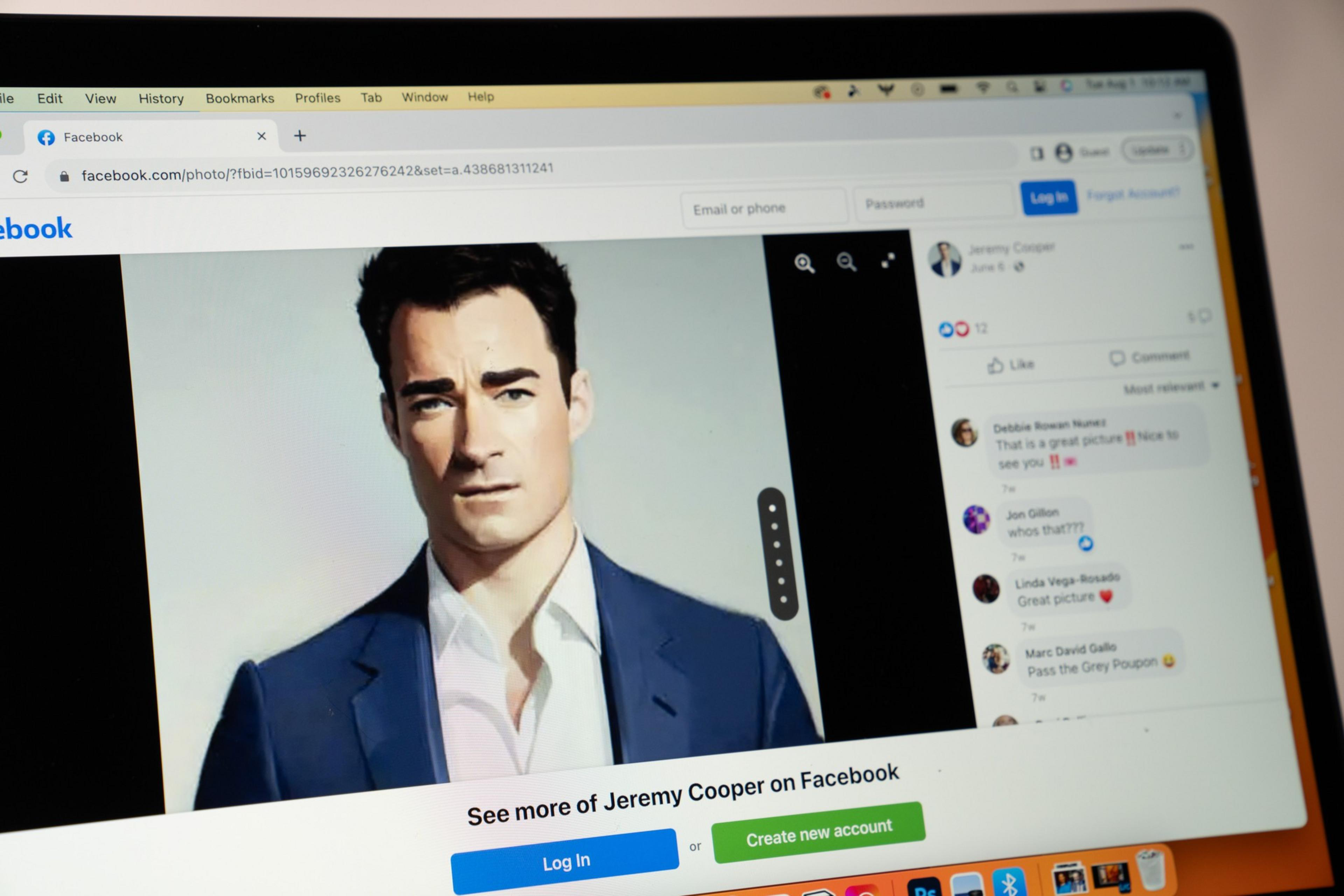 A Facebook page displays a digital portrait of a man in a blue suit and white shirt with short dark hair and a serious expression.