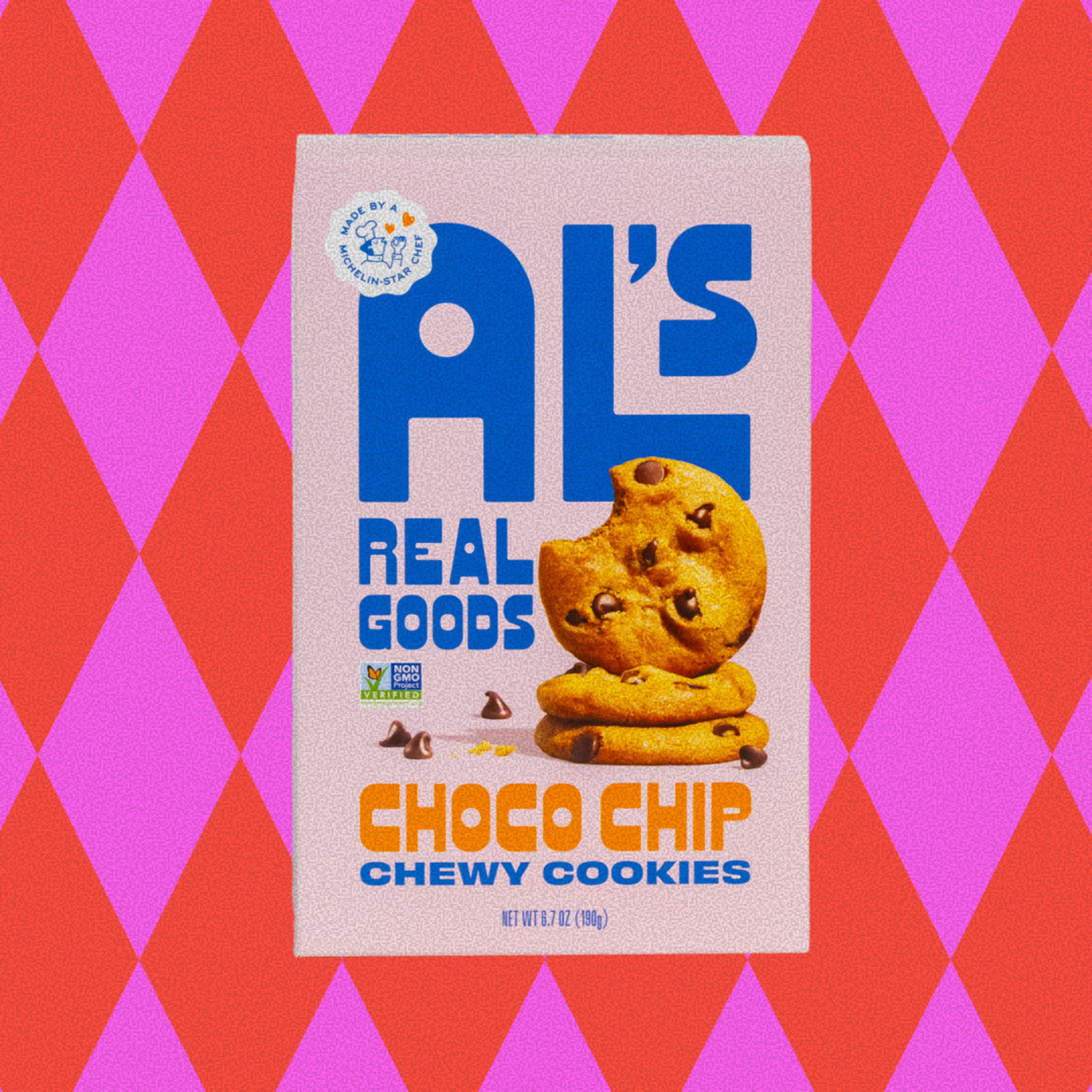 Al's Real Goods Choco Chip Chewy Cookies box features a bitten cookie stacked on two cookies with chocolate chips scattered nearby.