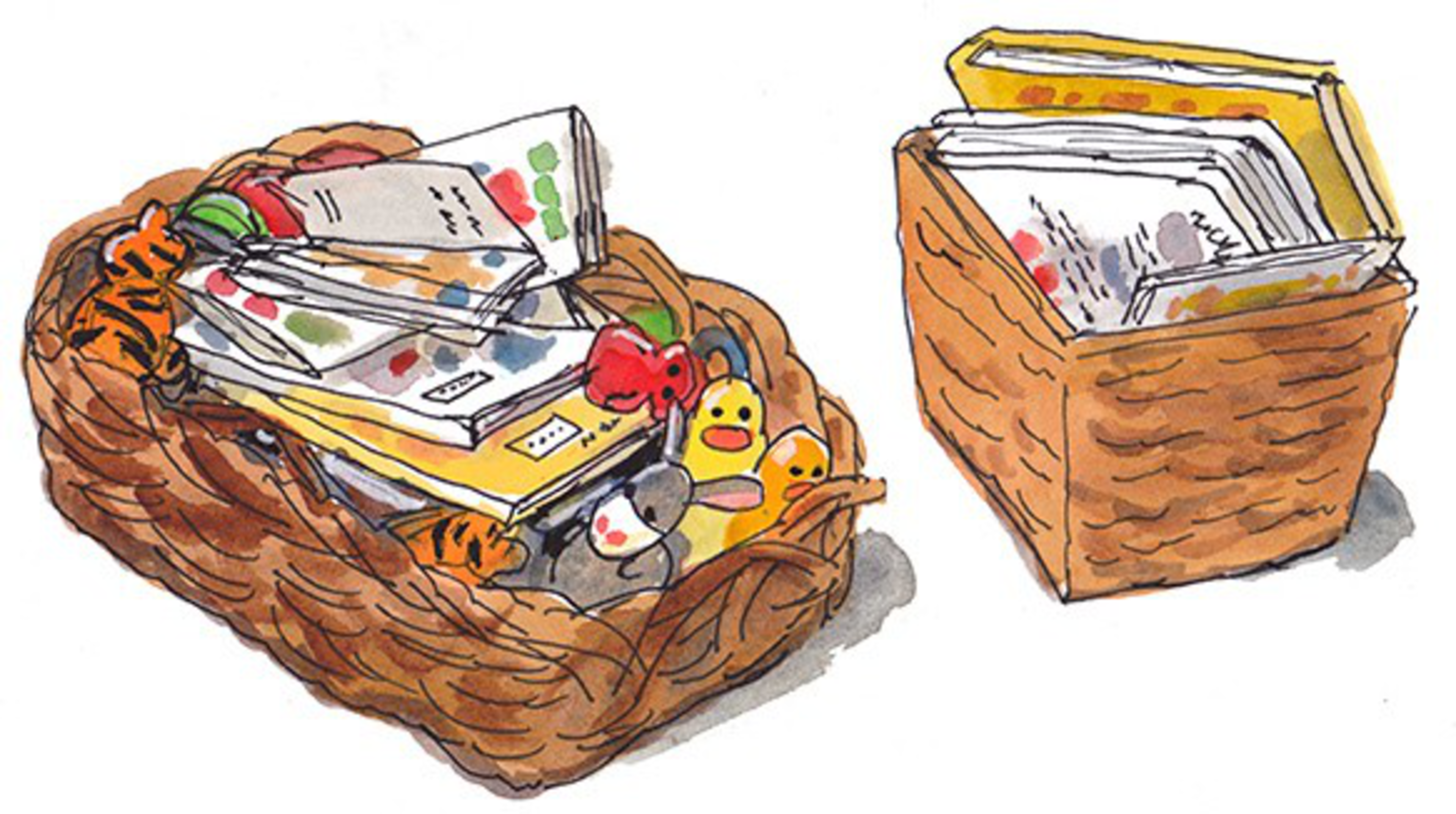 Two wicker baskets are filled with papers, envelopes, and small rubber duck toys, one basket appearing more cluttered than the other.