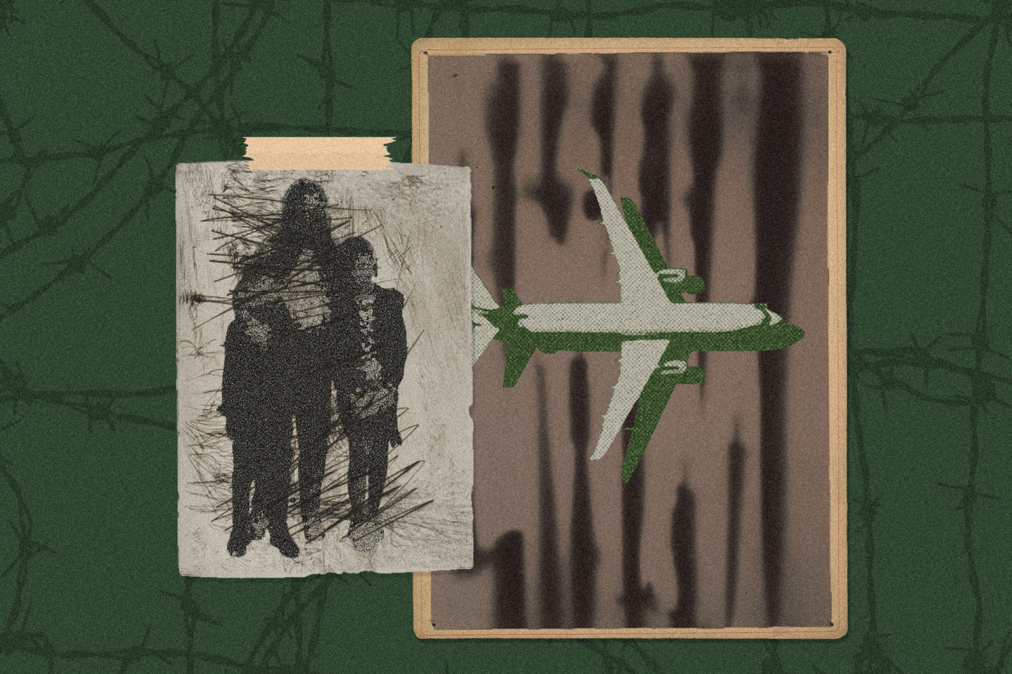 The image features a sketched silhouette of three people on paper beside a stylized airplane graphic on a textured background. The backdrop is a dark green with barbed wire accents.