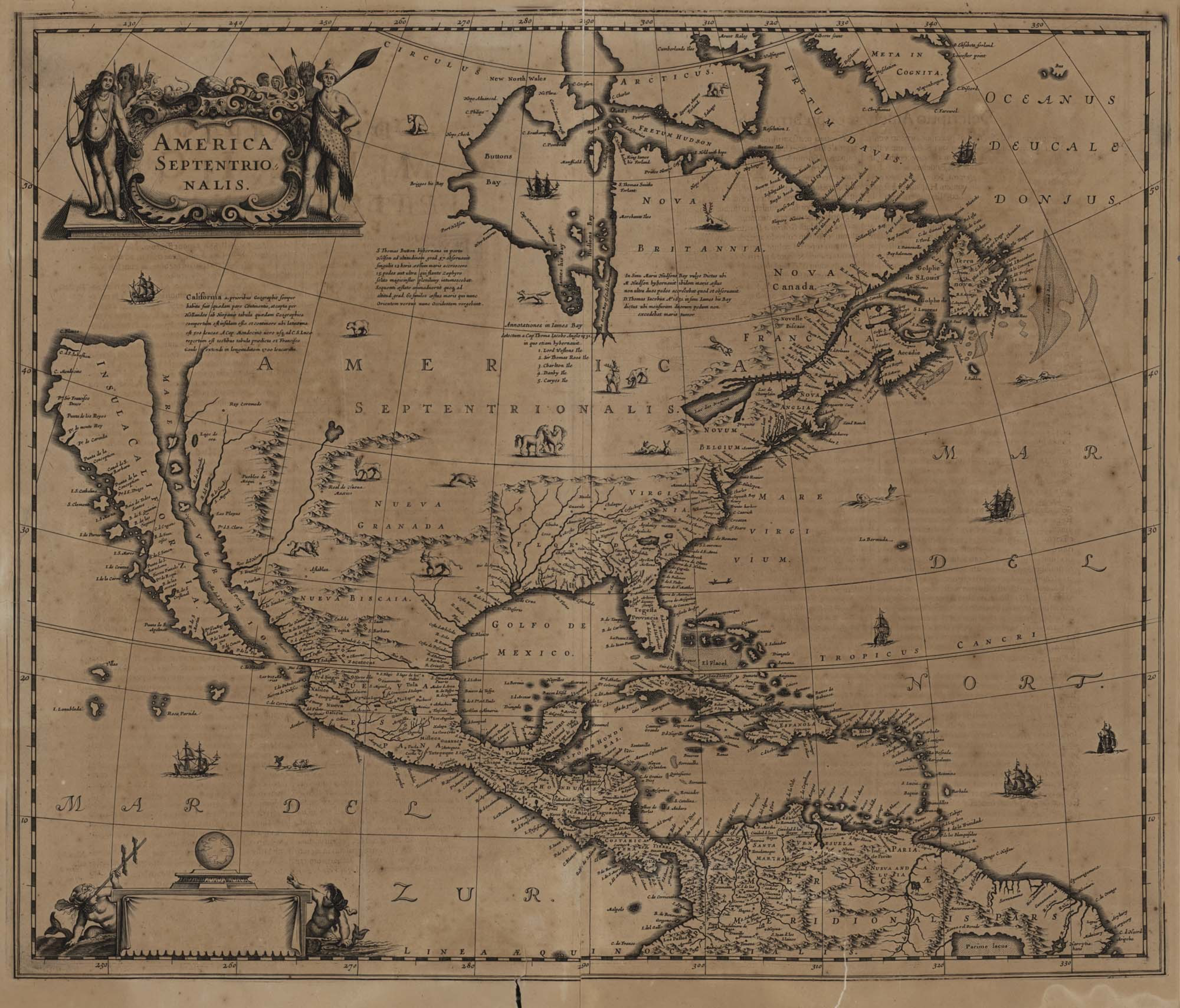 A detailed antique map of North America and Central America labeled "America Septentrionalis" with illustrations of ships, sea creatures, and indigenous figures.