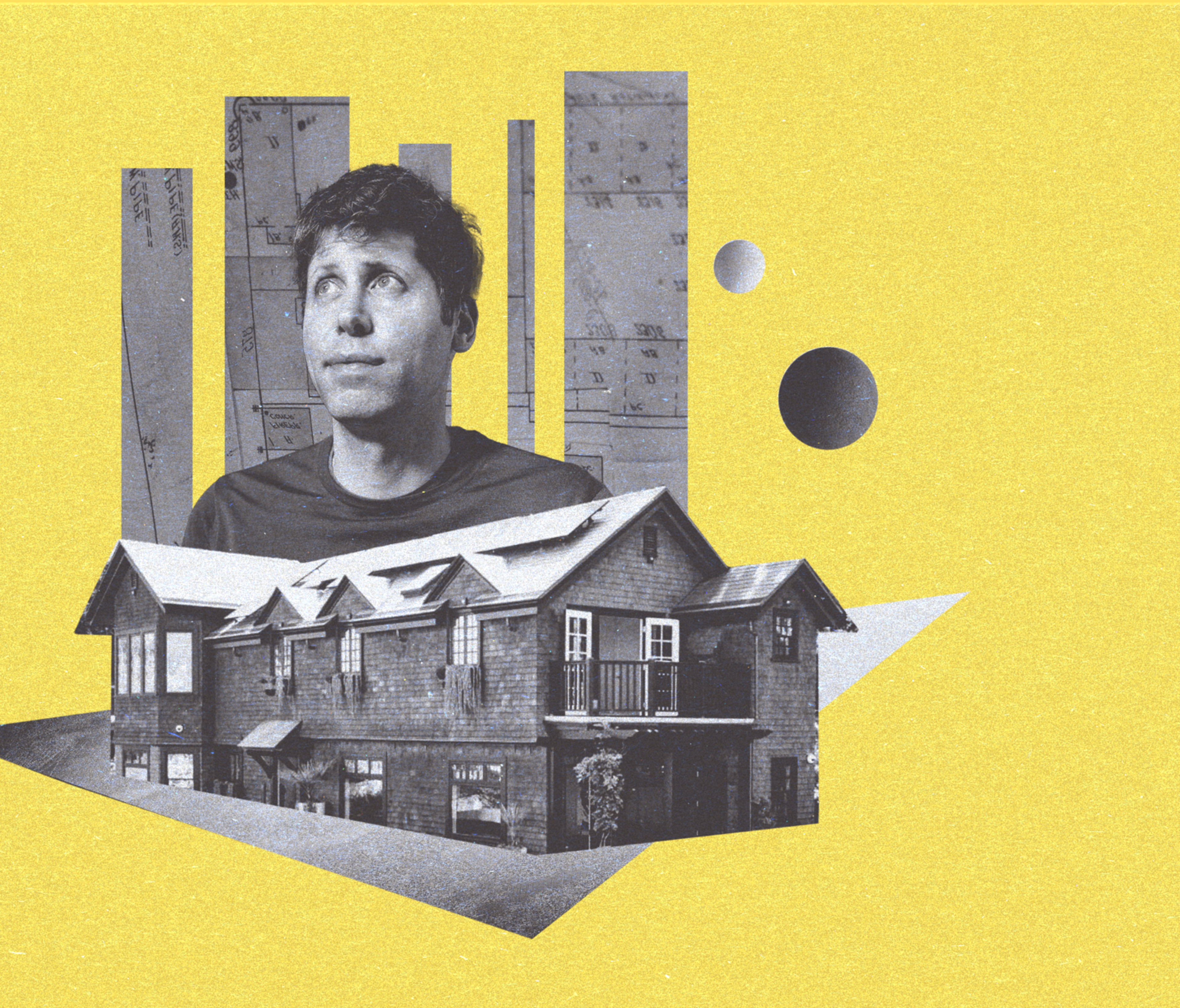 A man looks upward with a thoughtful expression, set against a collage of architectural diagrams and a house, on a yellow background.