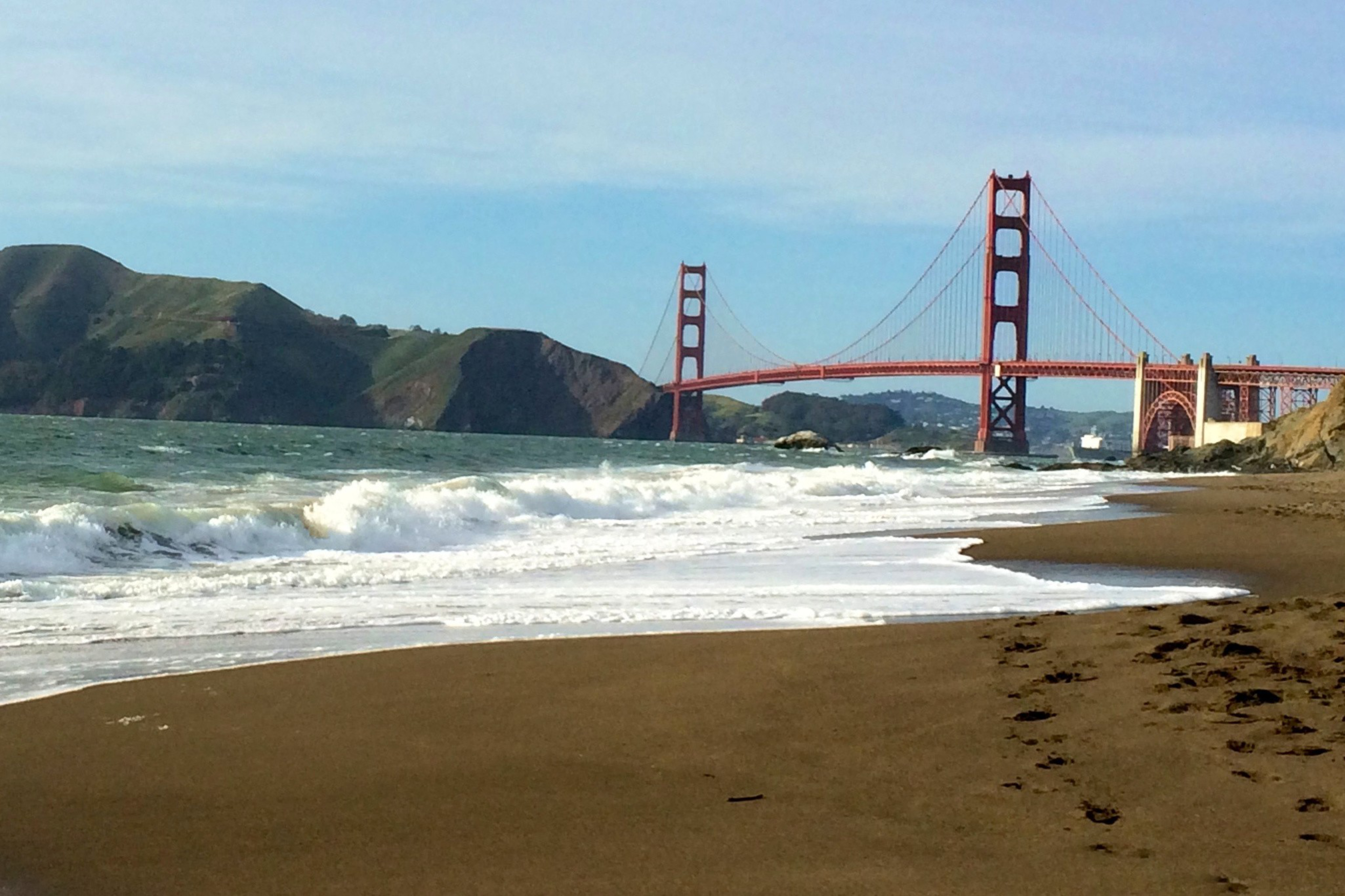 Baker Beach with the Golden Gate Bridge in the distance.
