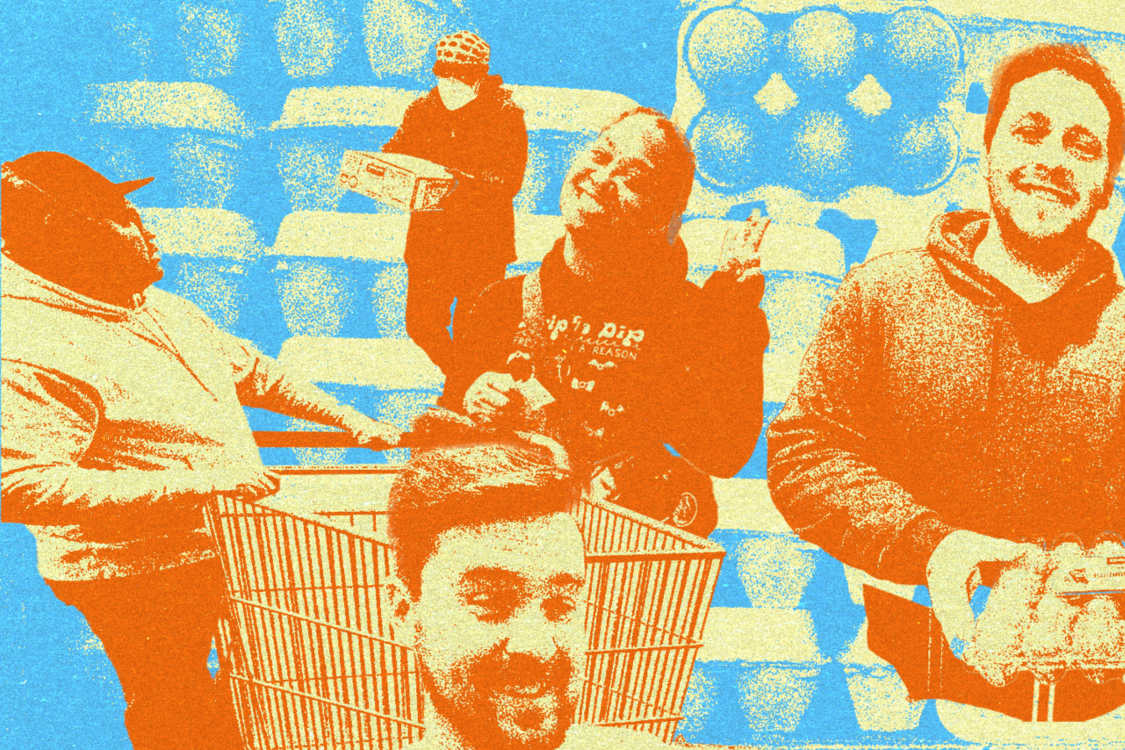 An illustration showing people holding up egg cartons