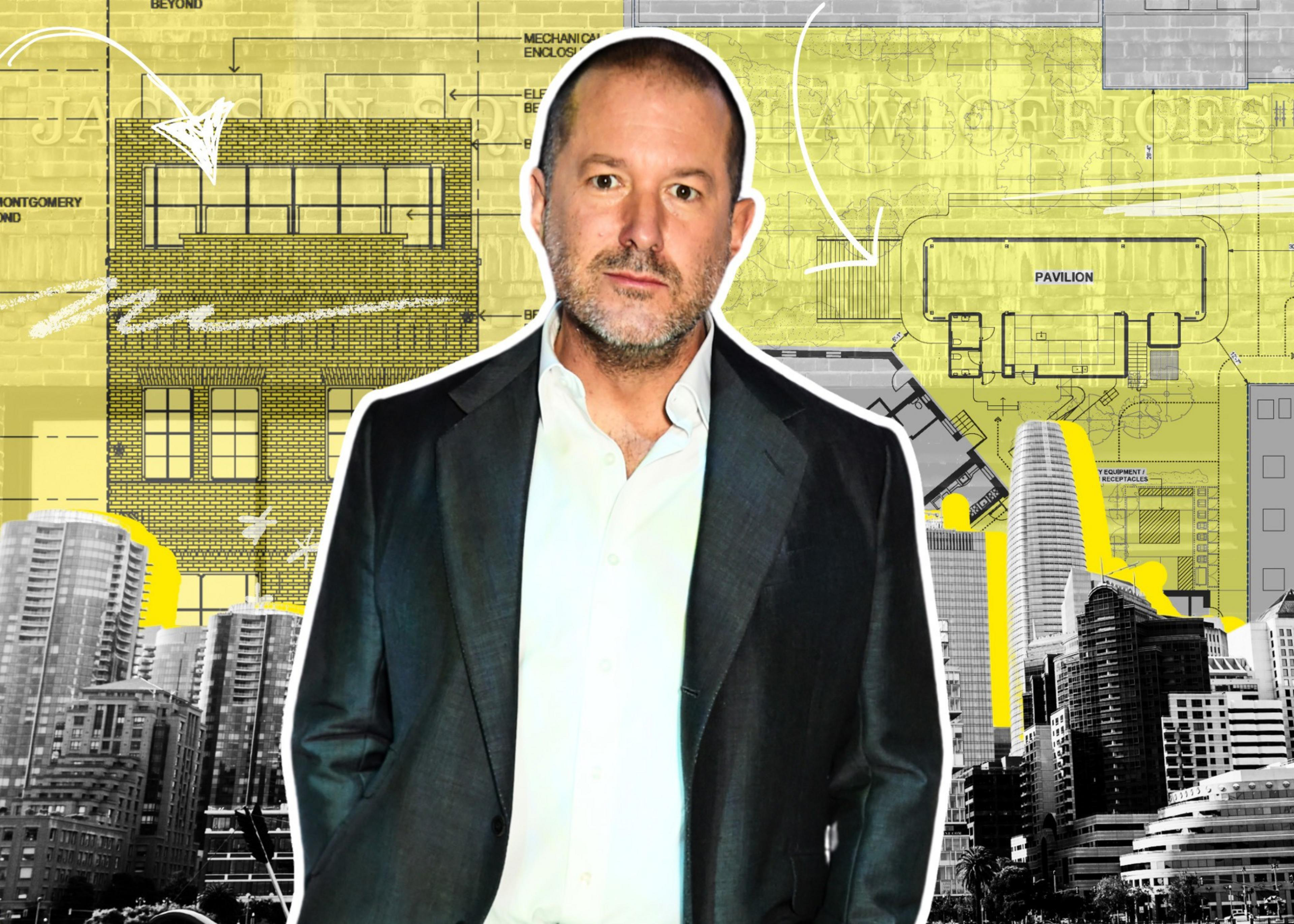 A man in a suit stands before a stylized, collage-like backdrop with architectural plans and city buildings.